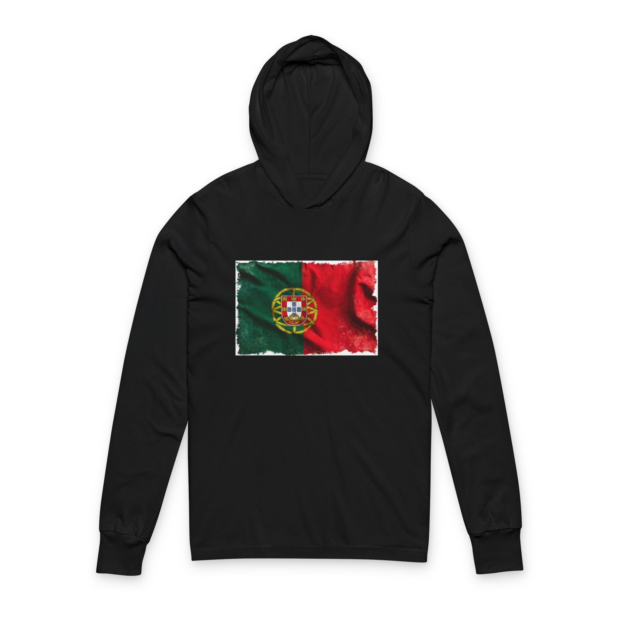 Distressed Portugal Flag Hooded Long Sleeve Tee | Portugal Graphic Sleeve Hoodie