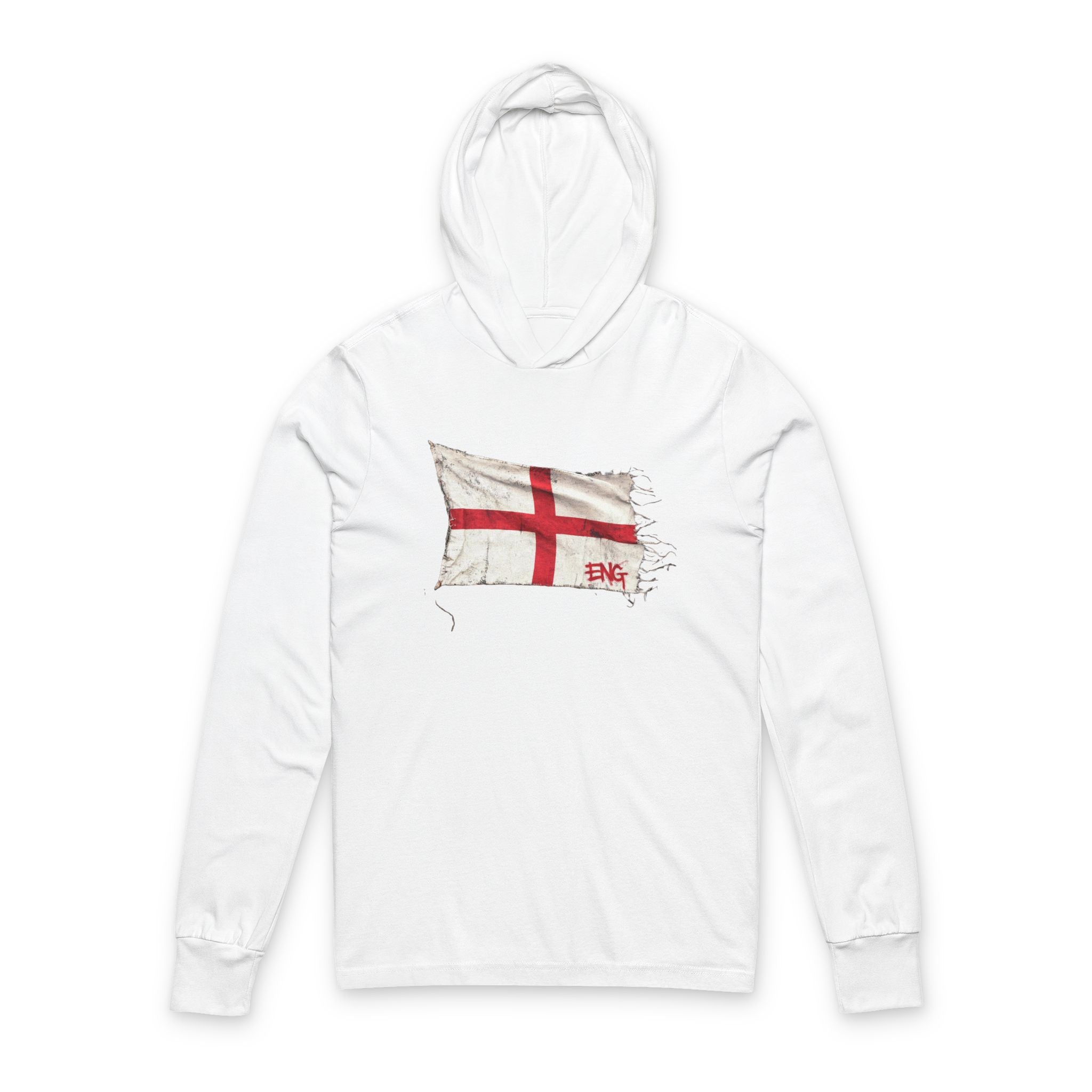 Distressed England Flag Hooded Long Sleeve Tee | England Graphic Sleeve Hoodie