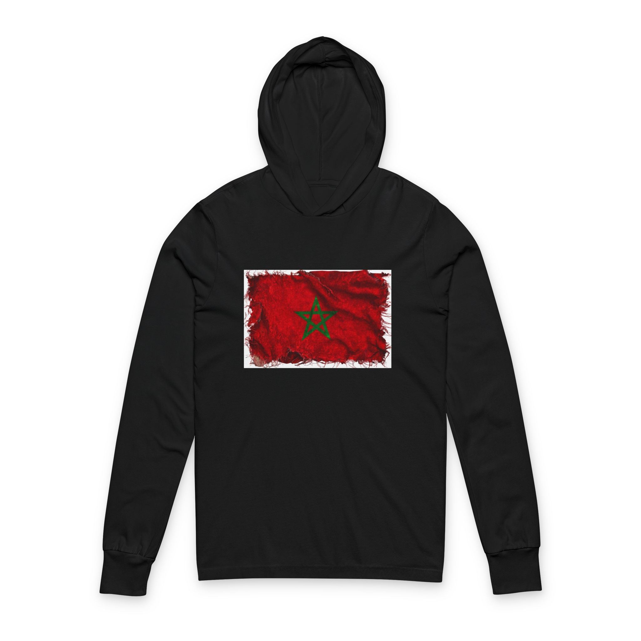 Distressed Morocco Flag Hooded Long Sleeve Tee | Morocco Graphic Sleeve Hoodie