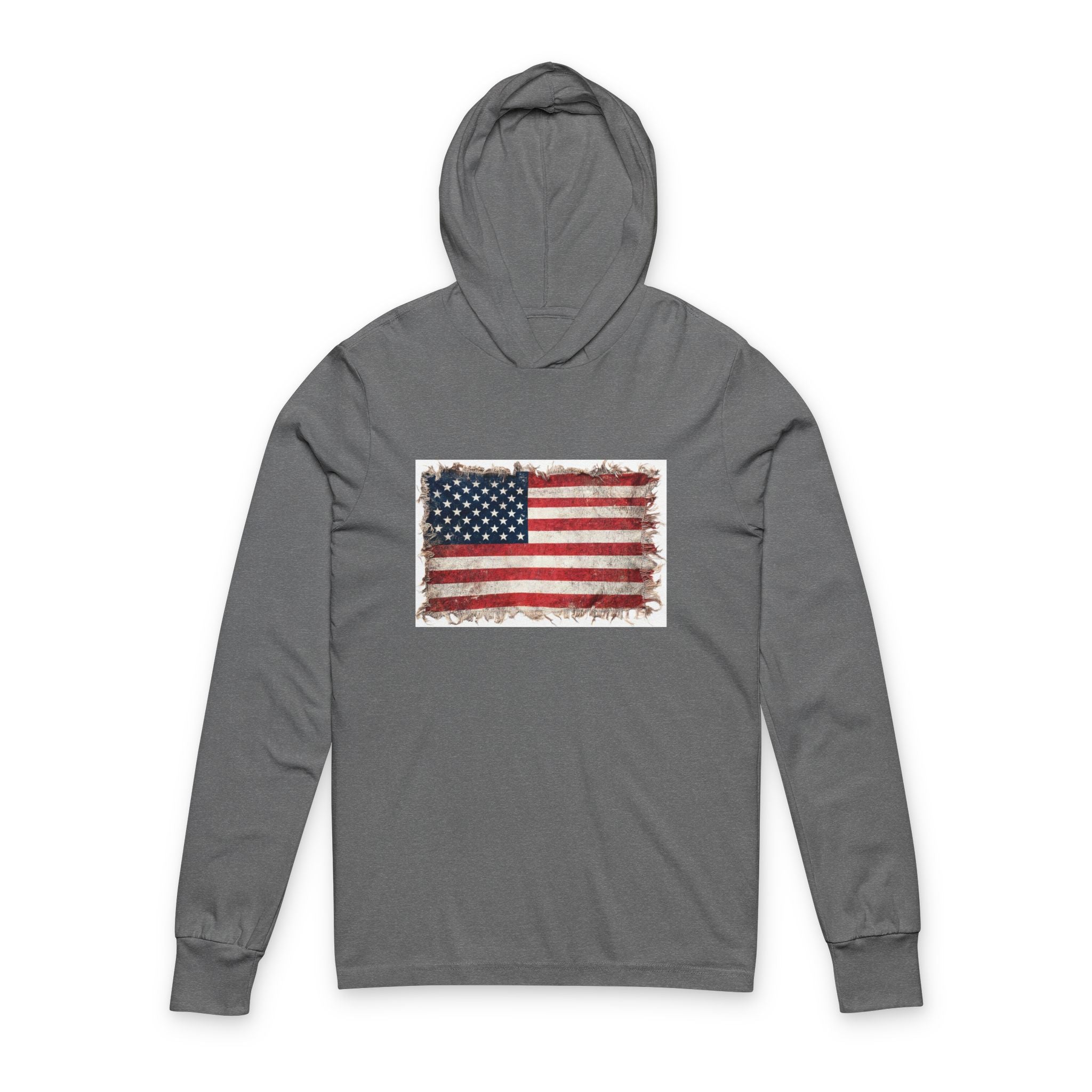 Distressed USA Flag Hooded Long Sleeve Tee | USA American Flag Sleeve Hoodie