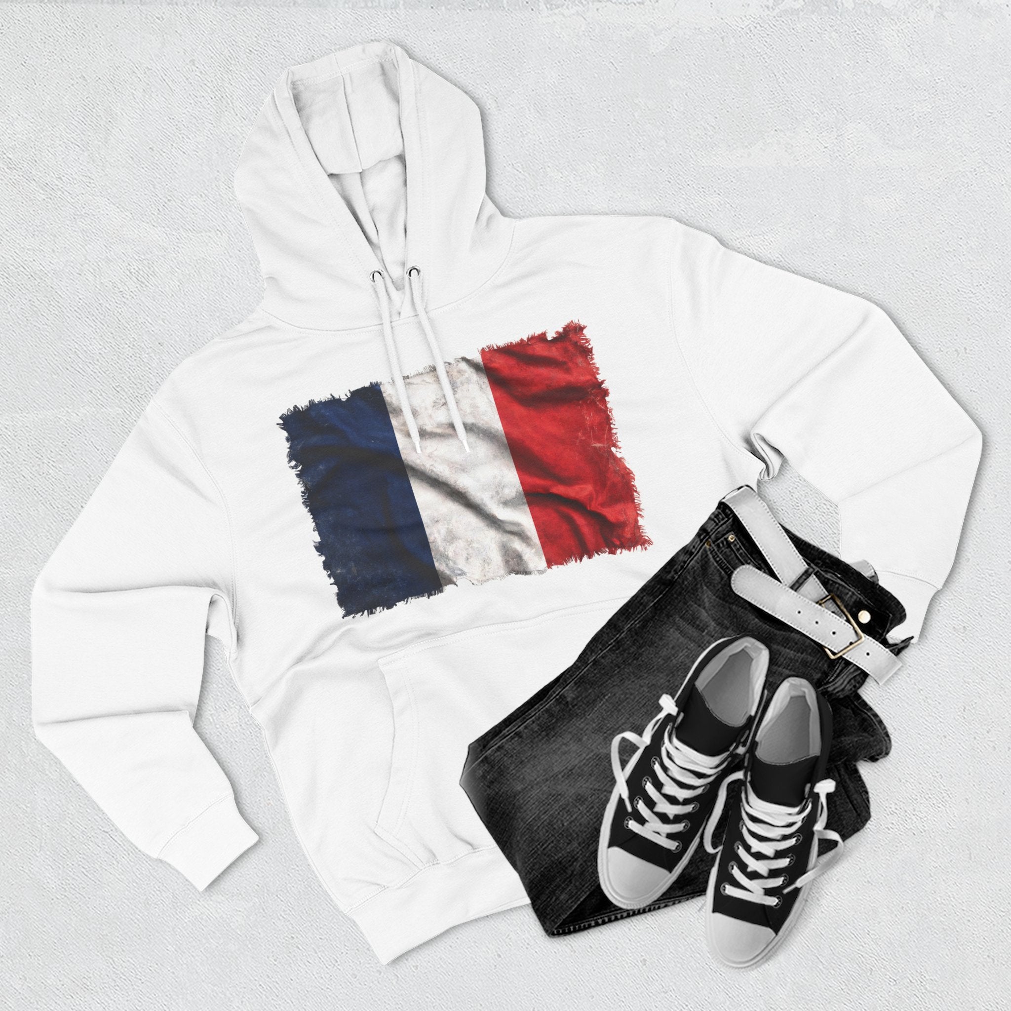 Distressed France Flag Pullover Hoodie | France Graphic Fleece Hoodie