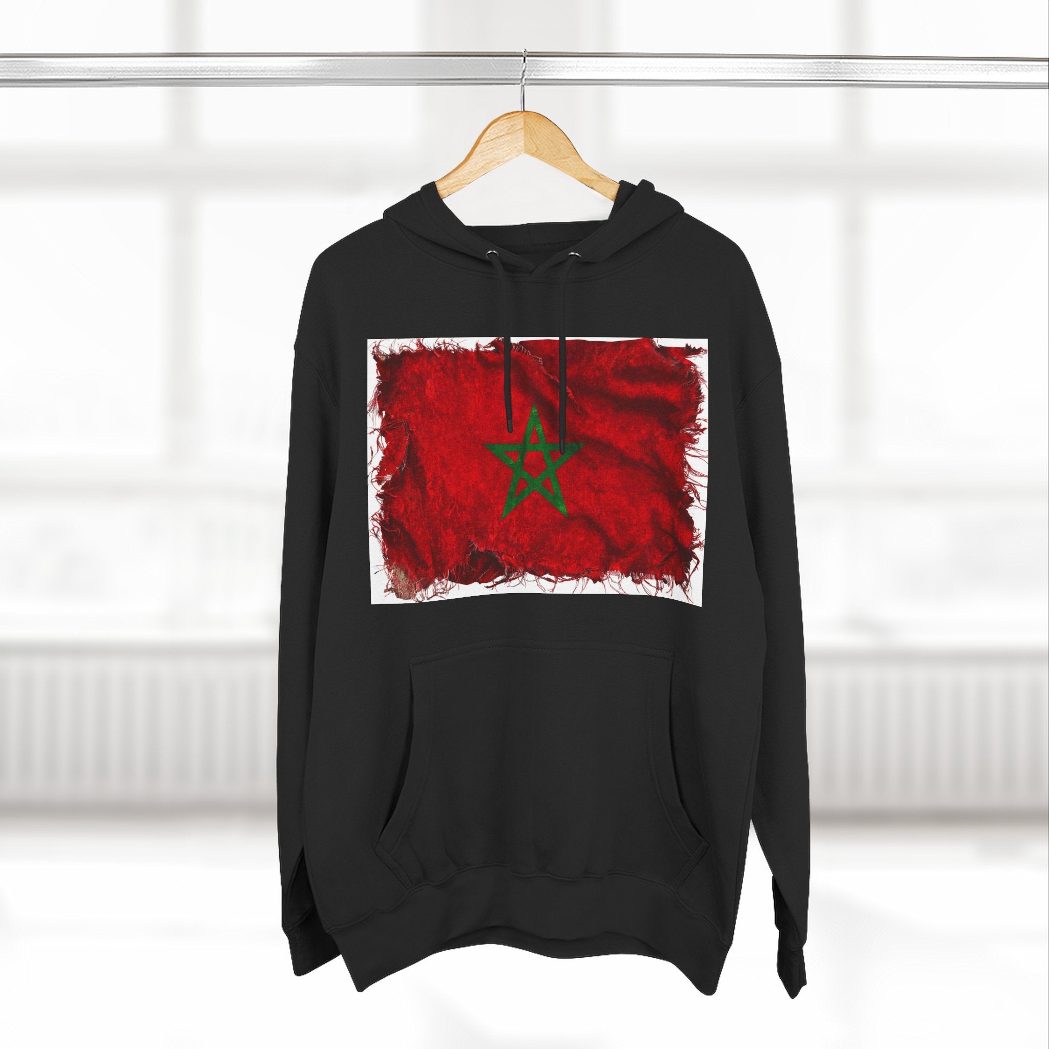 Distressed Morocco Flag Pullover Hoodie | Morocco Graphic Fleece Hoodie