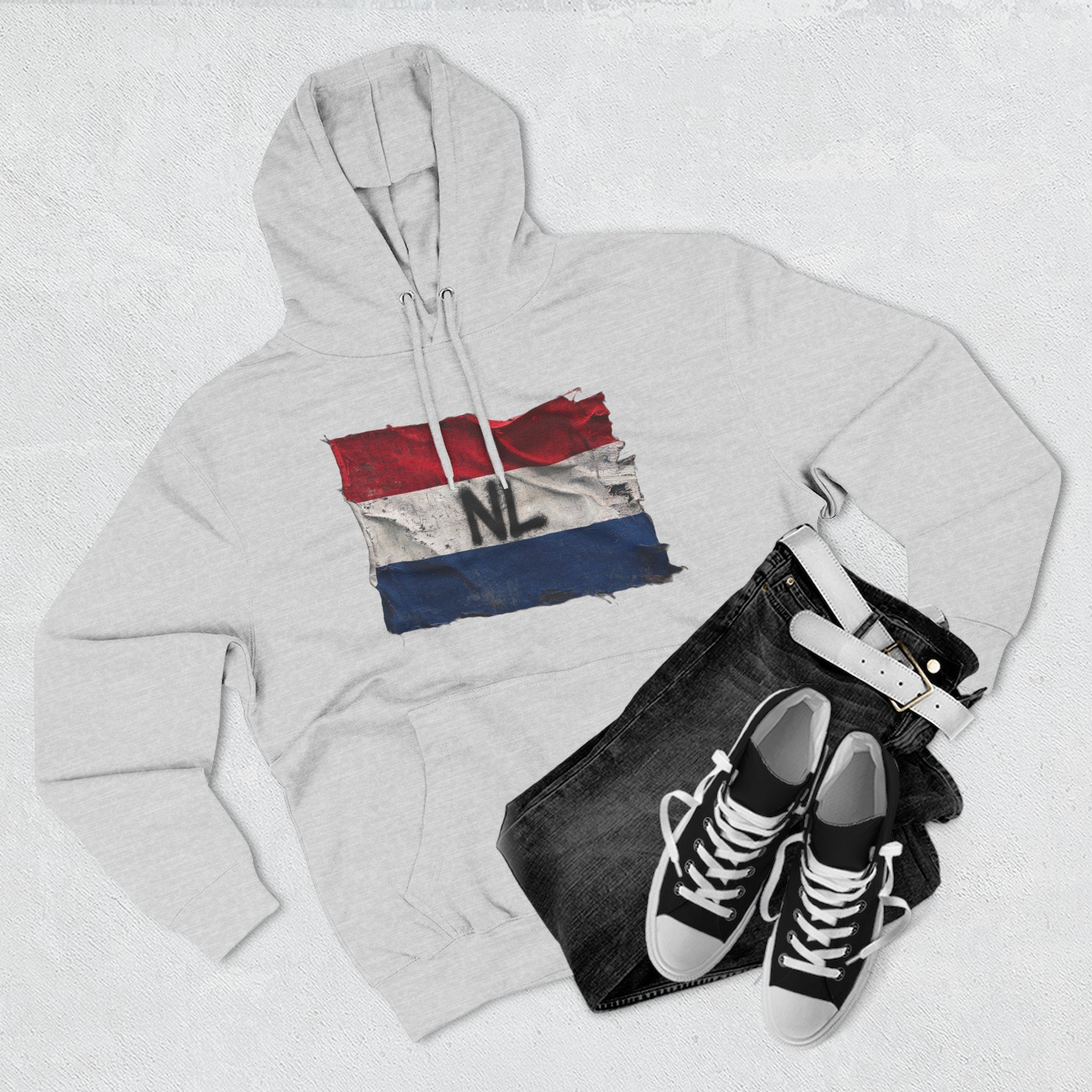 NL Flag Hoodie — Distressed Netherlands Tricolor Pullover