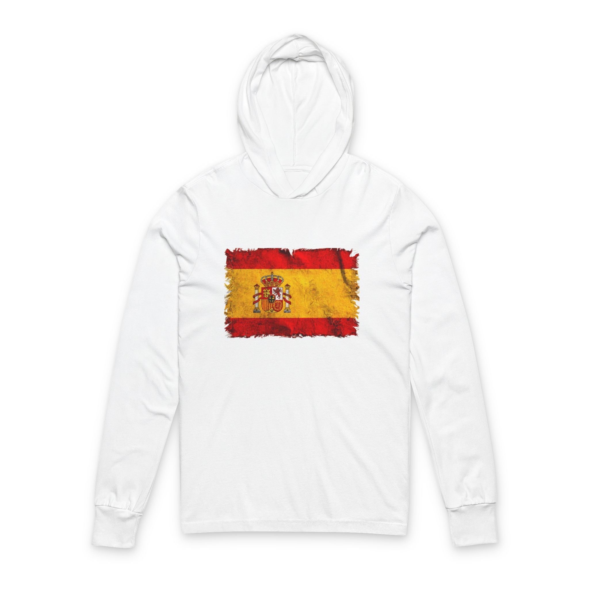 Distressed Spain Flag Hooded Long Sleeve Tee | Spain Graphic Sleeve Hoodie