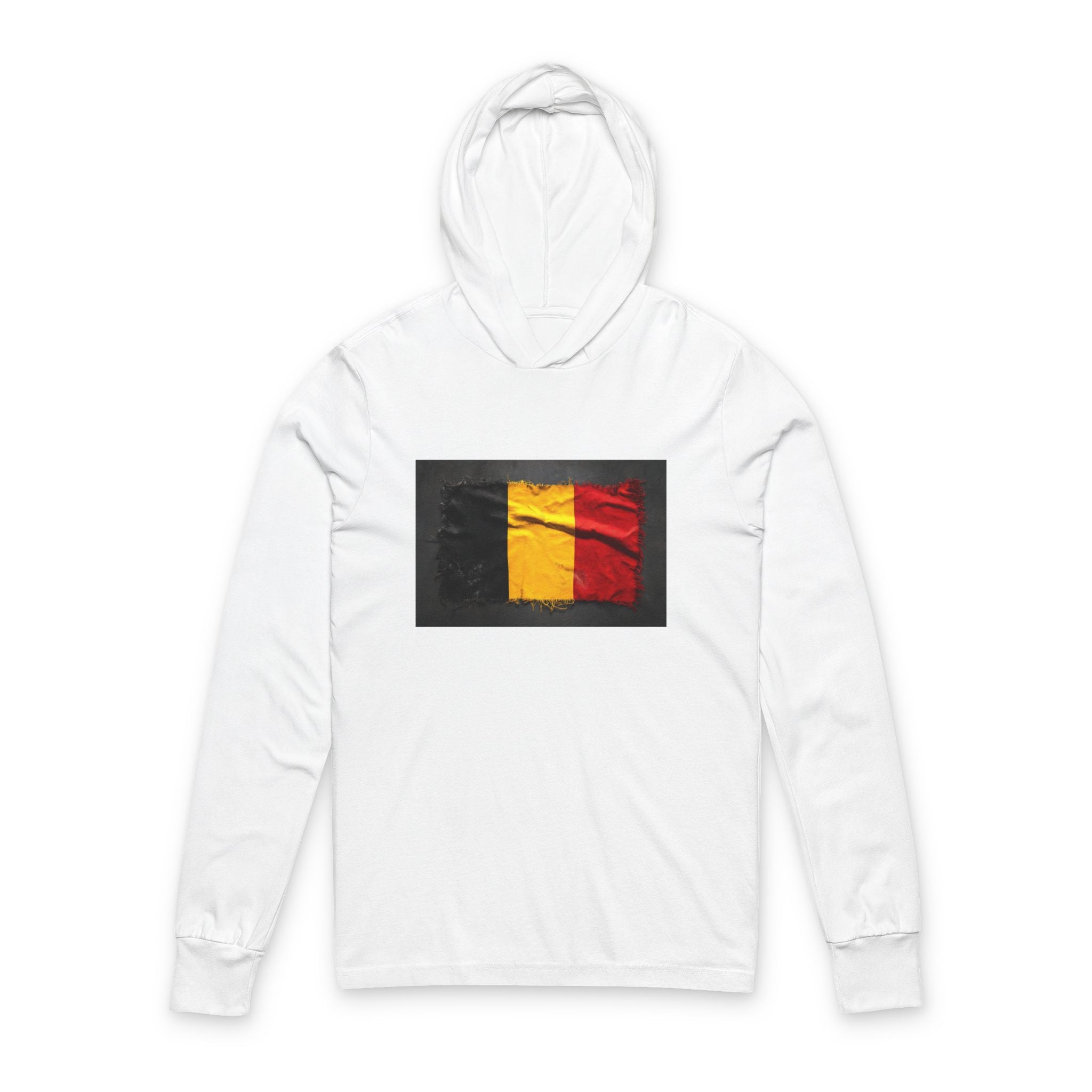 Distressed Belgium Flag Hooded Long Sleeve Tee | Belgium Graphic Sleeve Hoodie