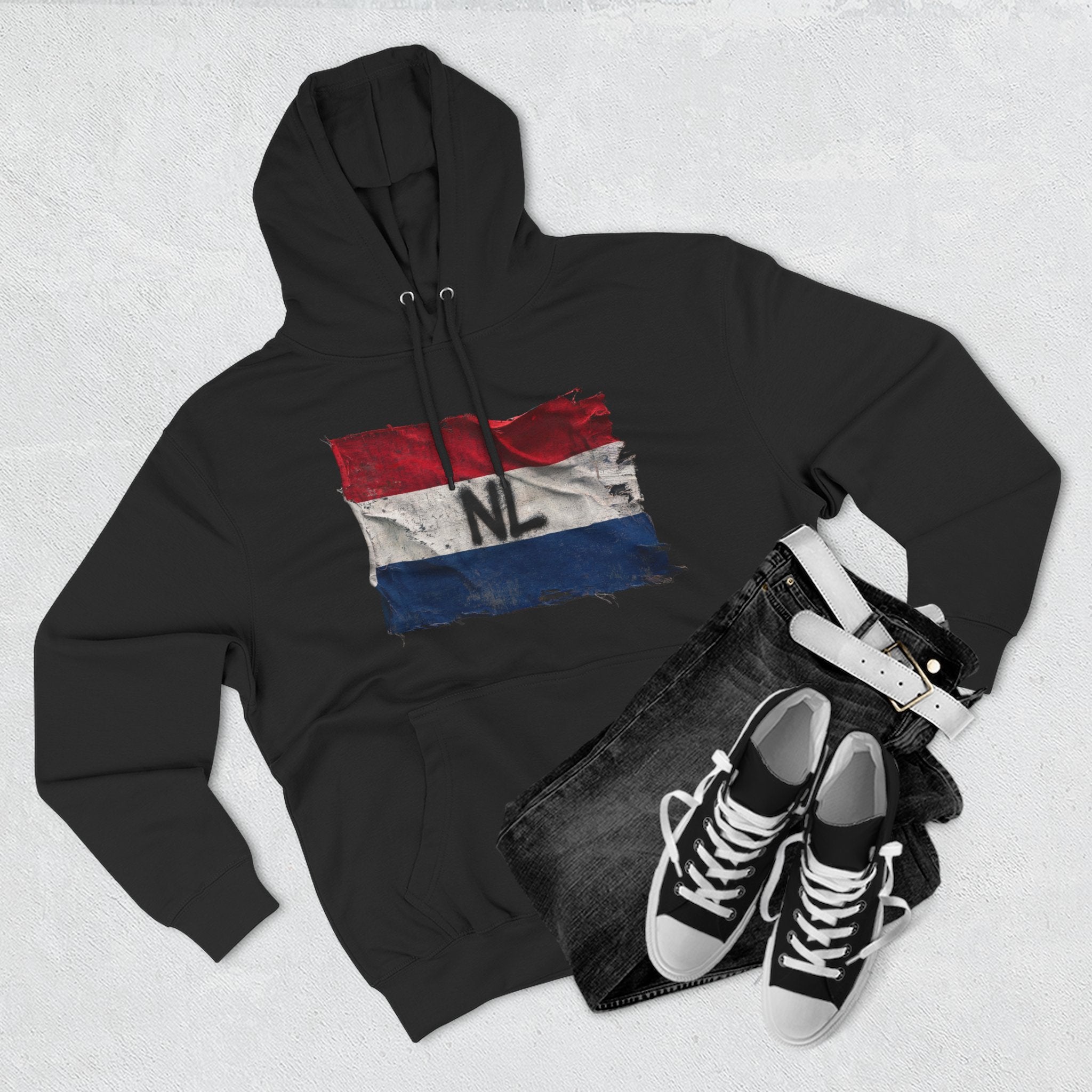 NL Flag Hoodie — Distressed Netherlands Tricolor Pullover