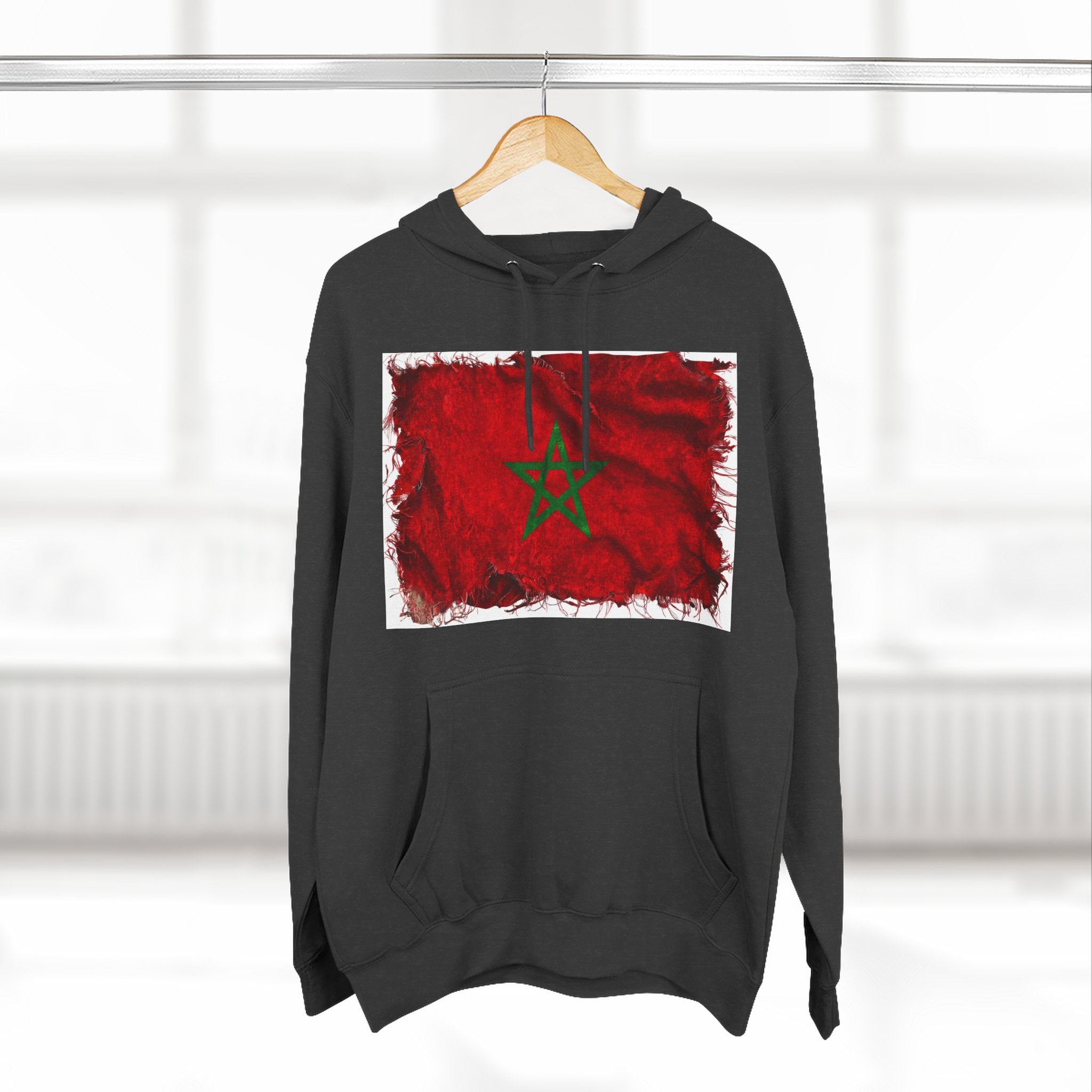 Distressed Morocco Flag Pullover Hoodie | Morocco Graphic Fleece Hoodie