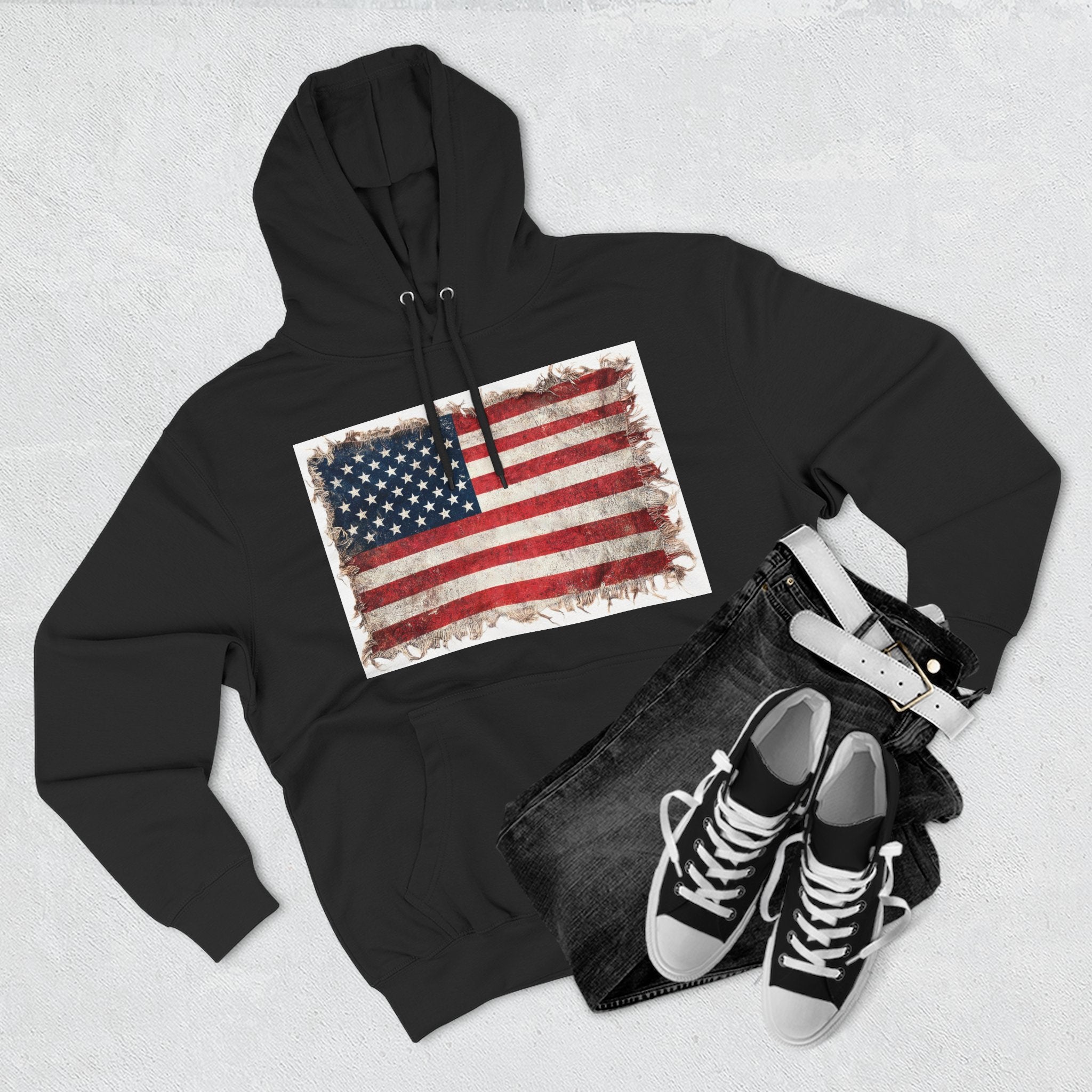 Distressed USA Flag Pullover Hoodie | USA American Flag Fleece Hoodie