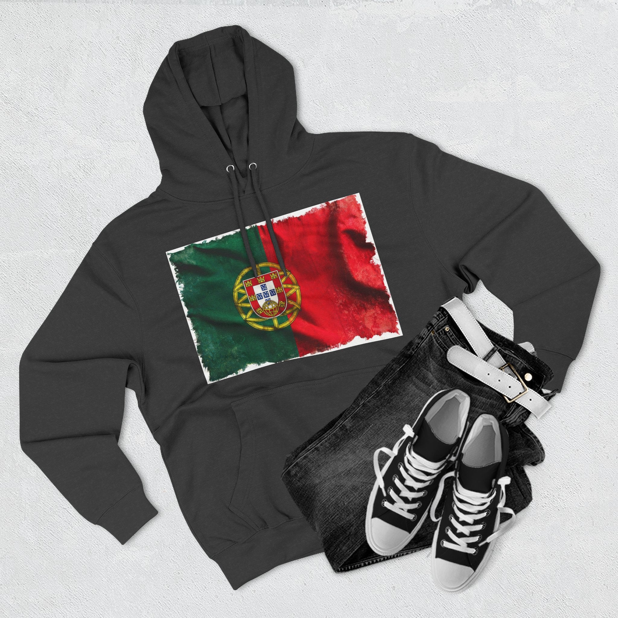 Distressed Portugal Flag Pullover Hoodie | Portugal Graphic Fleece Hoodie