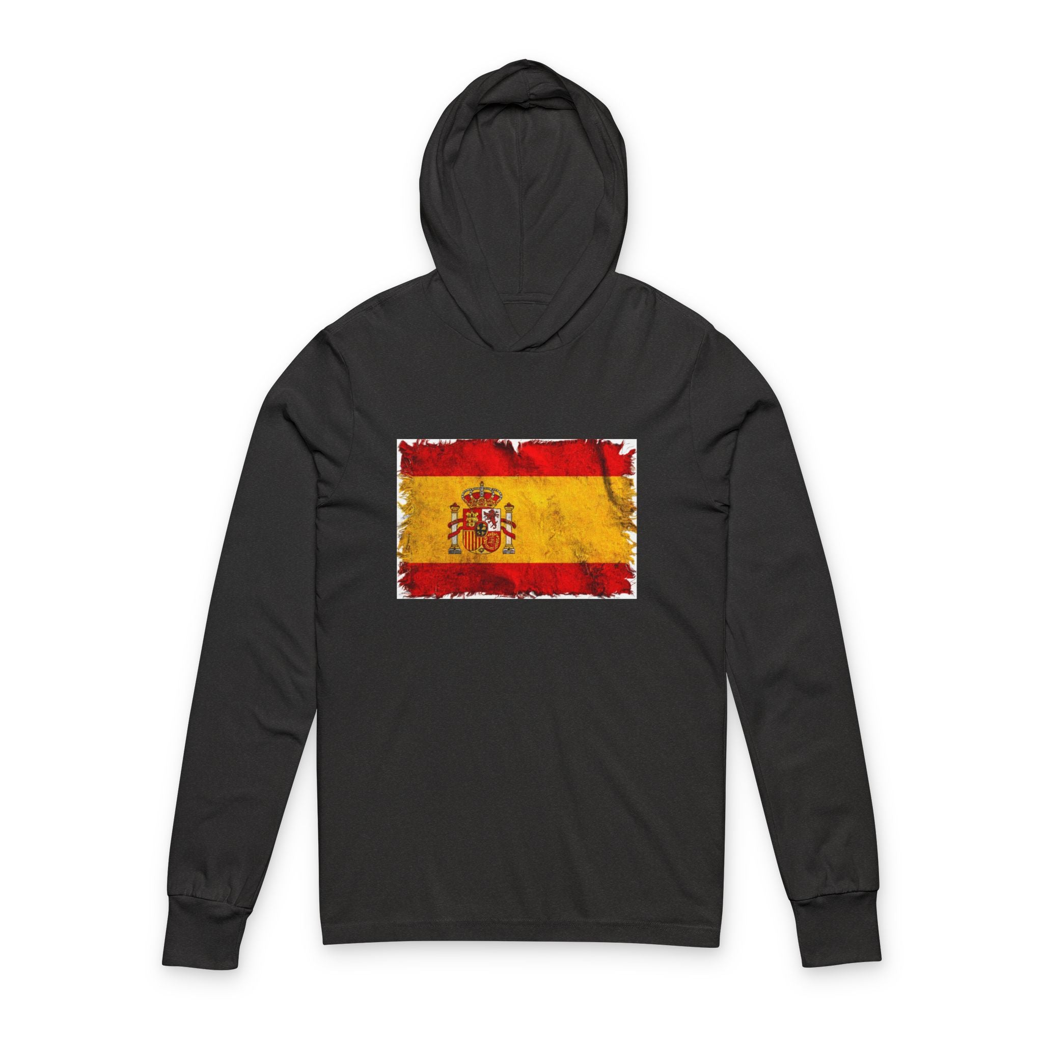 Distressed Spain Flag Hooded Long Sleeve Tee | Spain Graphic Sleeve Hoodie