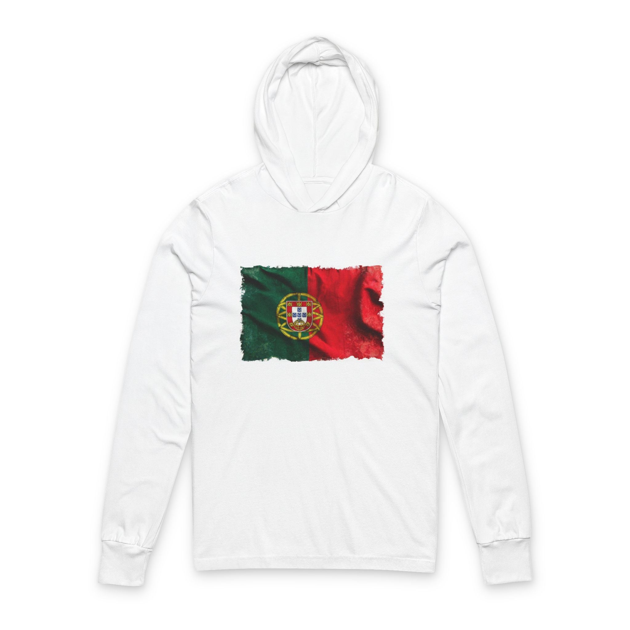 Distressed Portugal Flag Hooded Long Sleeve Tee | Portugal Graphic Sleeve Hoodie