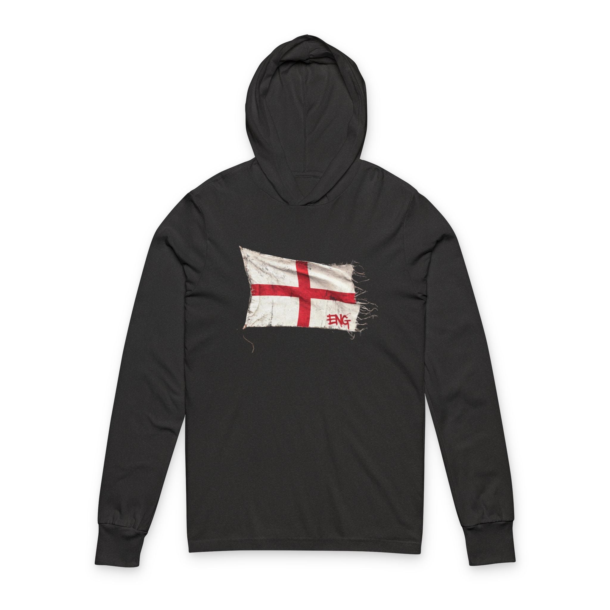 Distressed England Flag Hooded Long Sleeve Tee | England Graphic Sleeve Hoodie