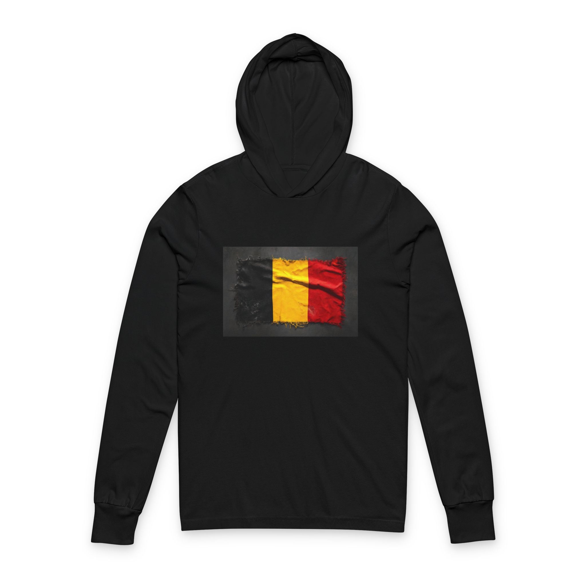 Distressed Belgium Flag Hooded Long Sleeve Tee | Belgium Graphic Sleeve Hoodie