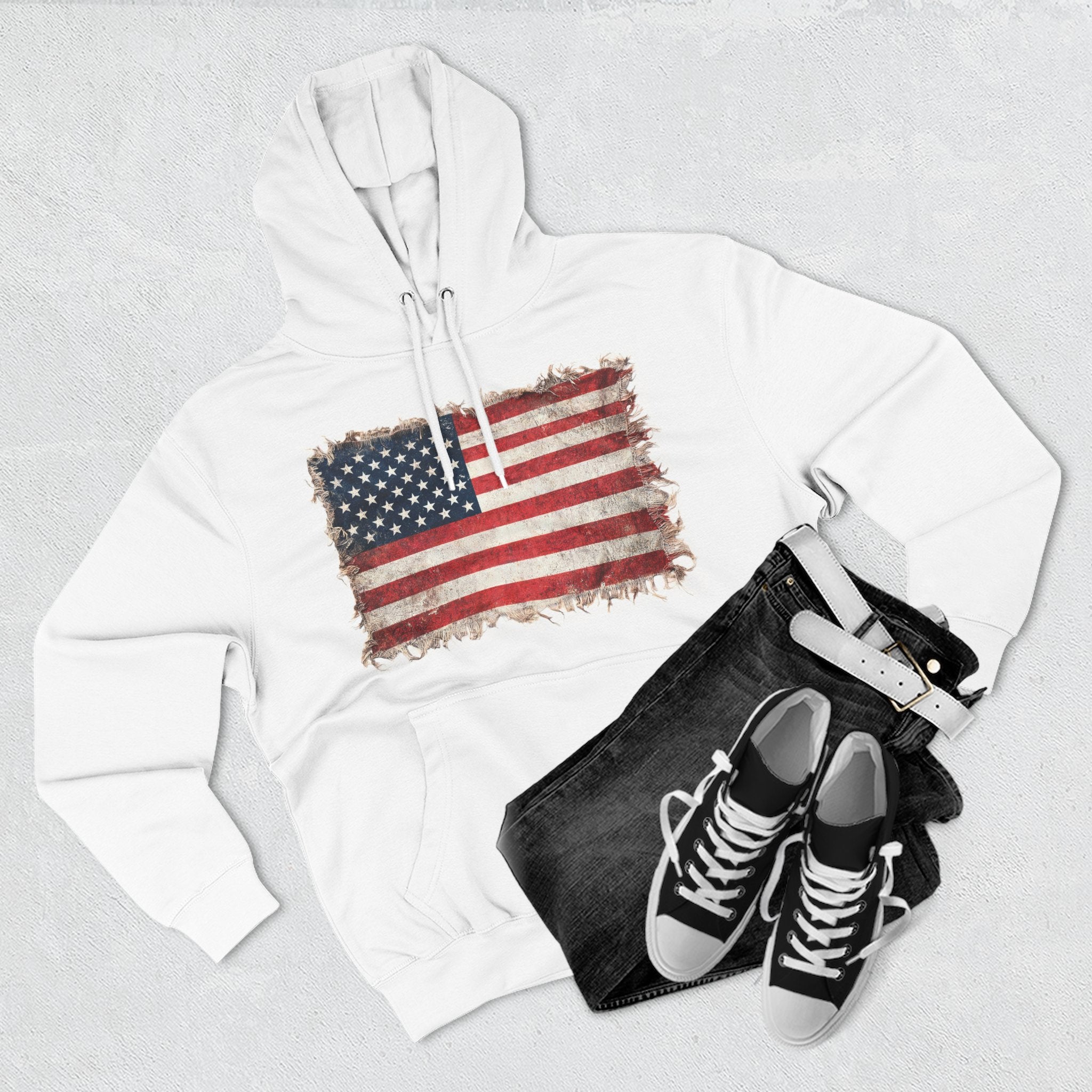 Distressed USA Flag Pullover Hoodie | USA American Flag Fleece Hoodie