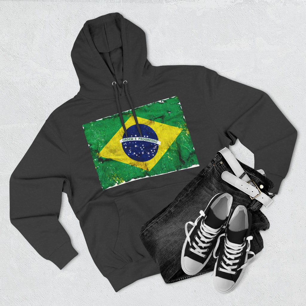 Distressed Brazil Flag Pullover Hoodie | Brazil Graphic Fleece Hoodie