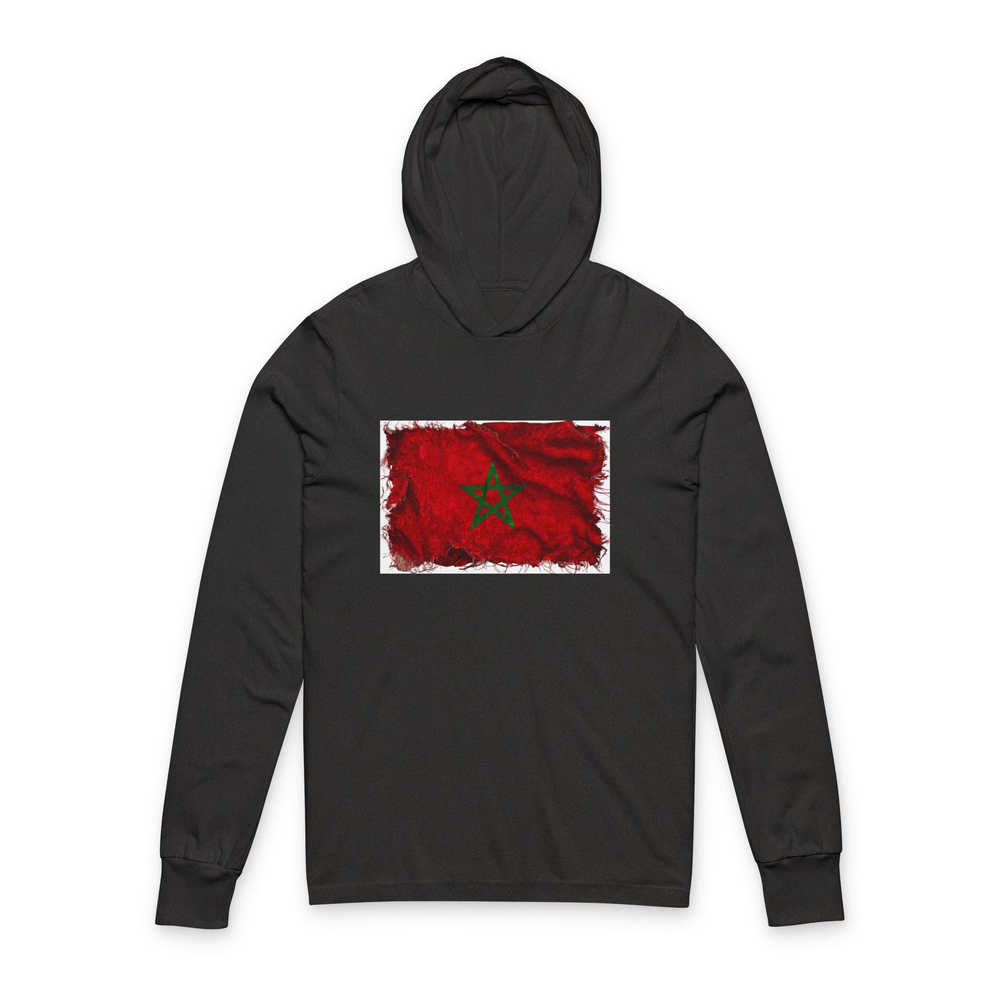 Distressed Morocco Flag Hooded Long Sleeve Tee | Morocco Graphic Sleeve Hoodie