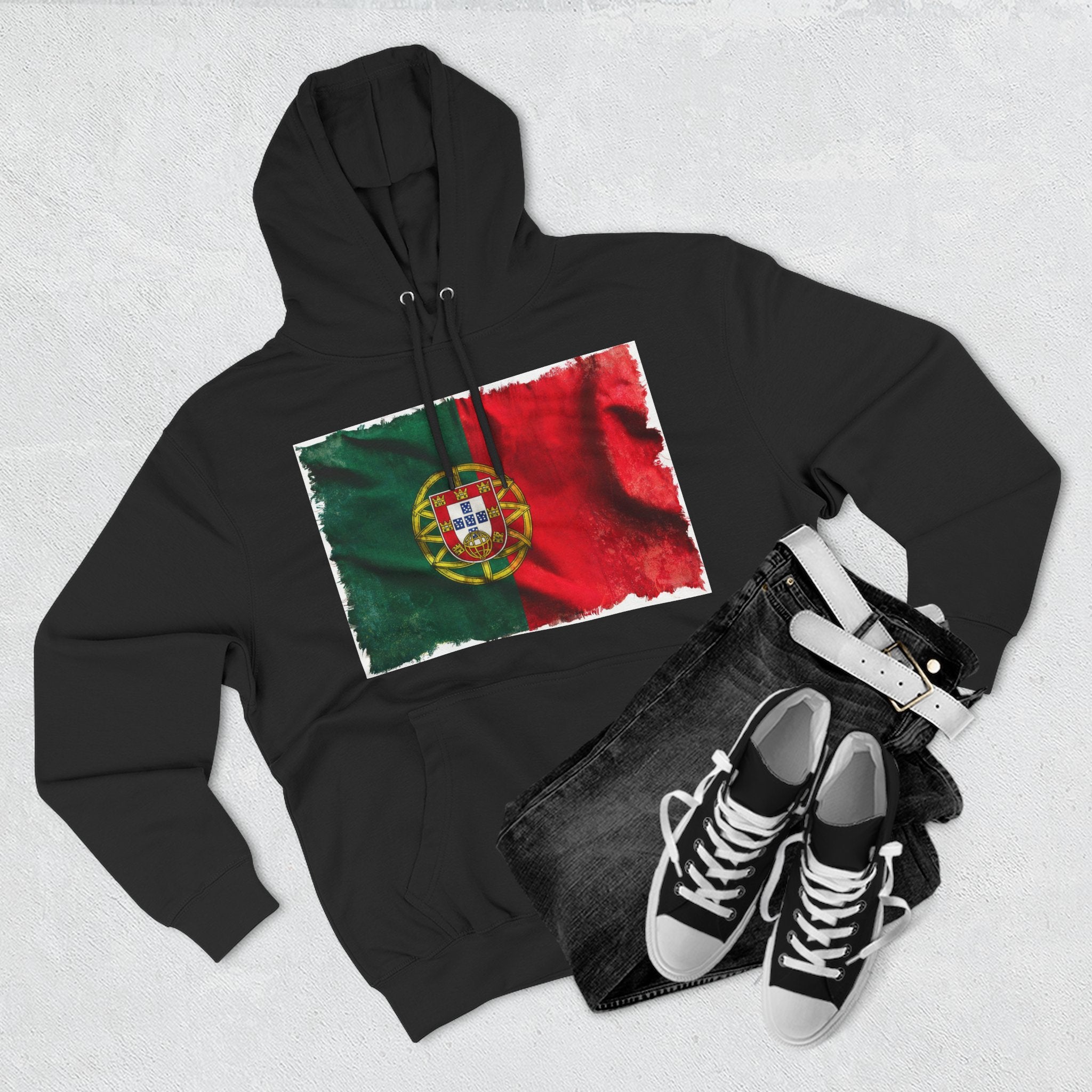 Distressed Portugal Flag Pullover Hoodie | Portugal Graphic Fleece Hoodie