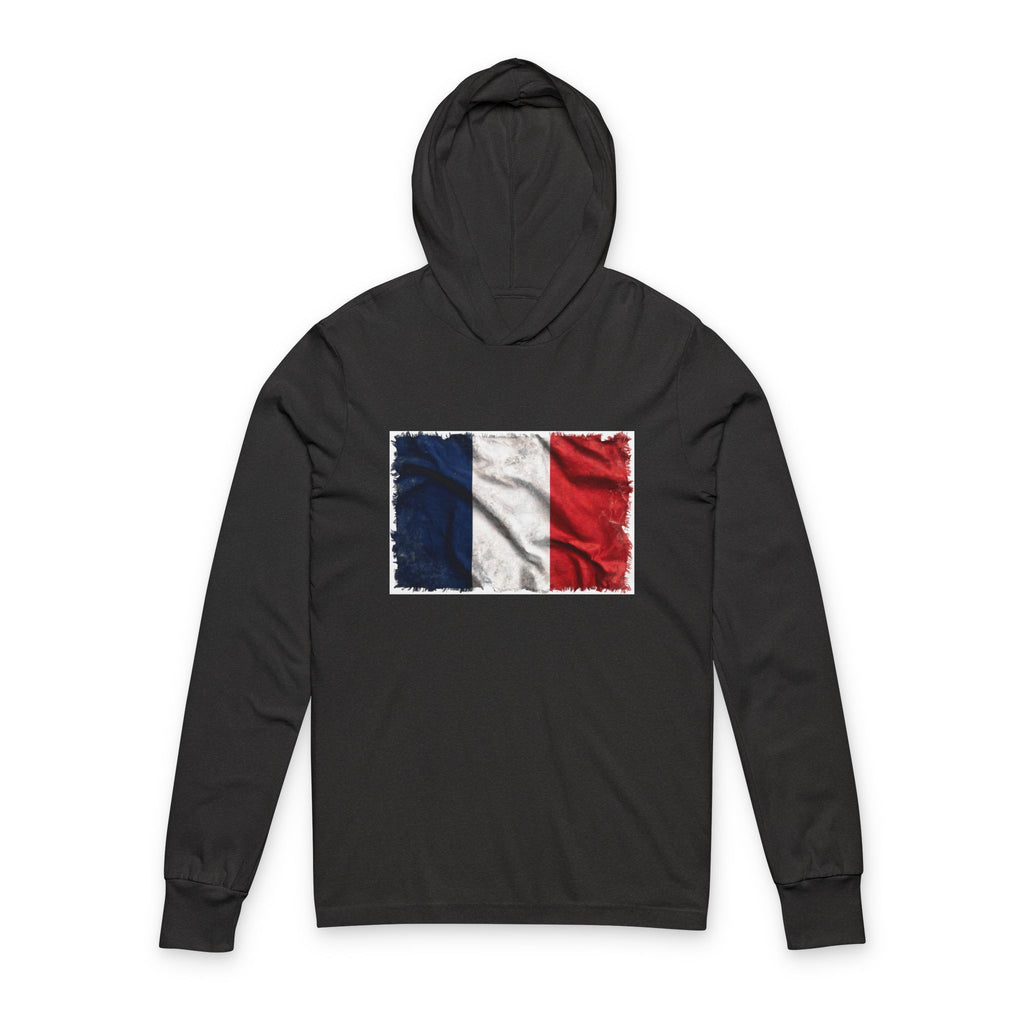 Distressed French Flag Hooded Long Sleeve Tee | France Tricolor Sleeve Hoodie