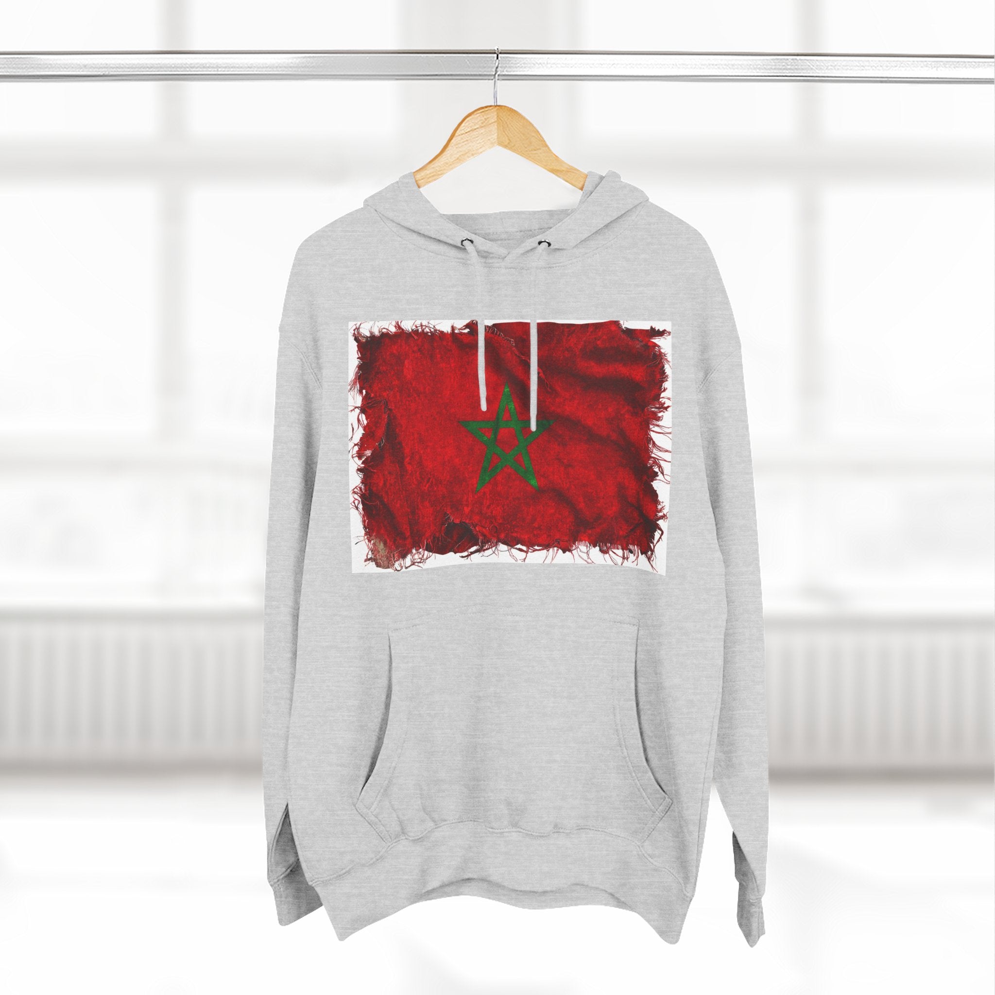 Distressed Morocco Flag Pullover Hoodie | Morocco Graphic Fleece Hoodie