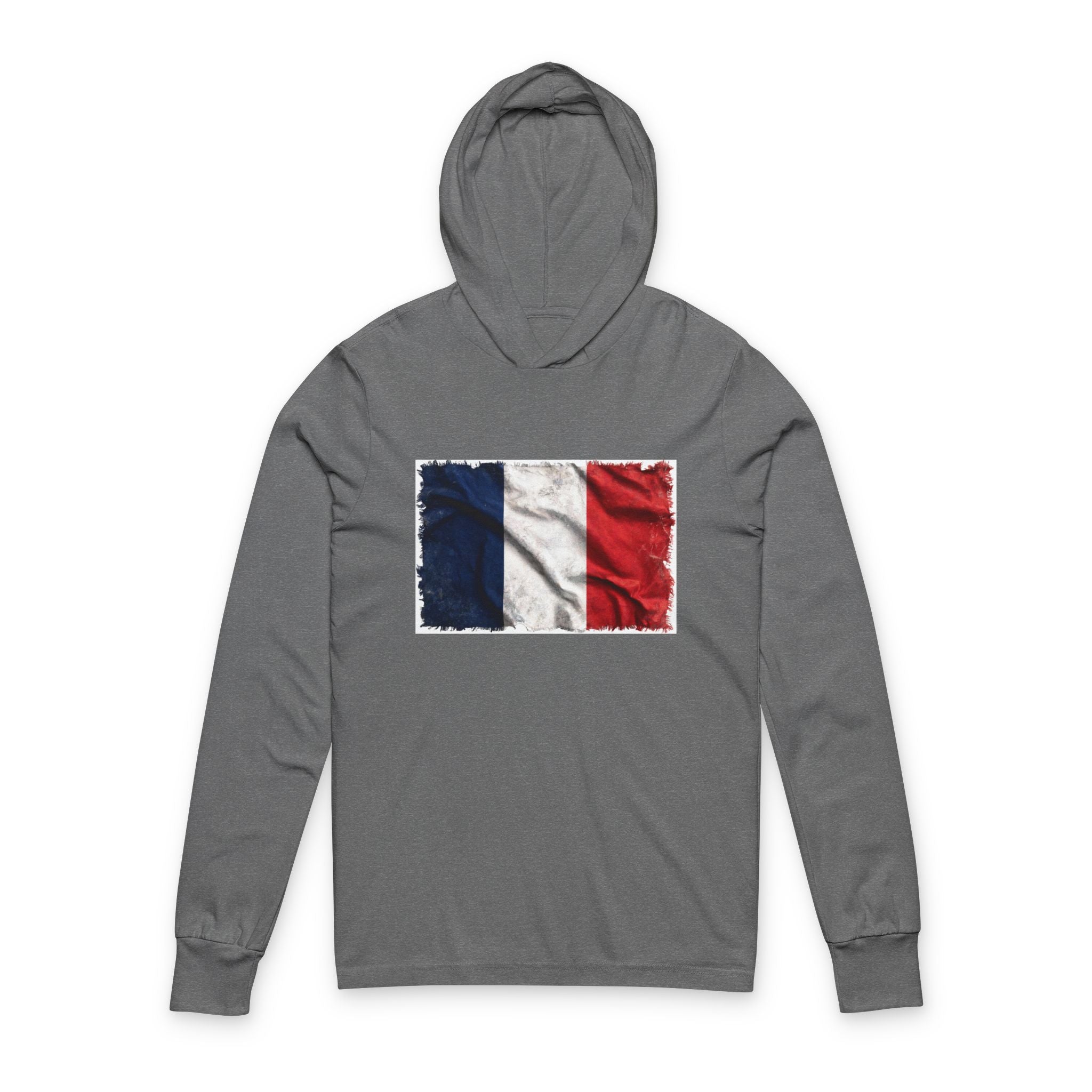Distressed French Flag Hooded Long Sleeve Tee | France Tricolor Sleeve Hoodie