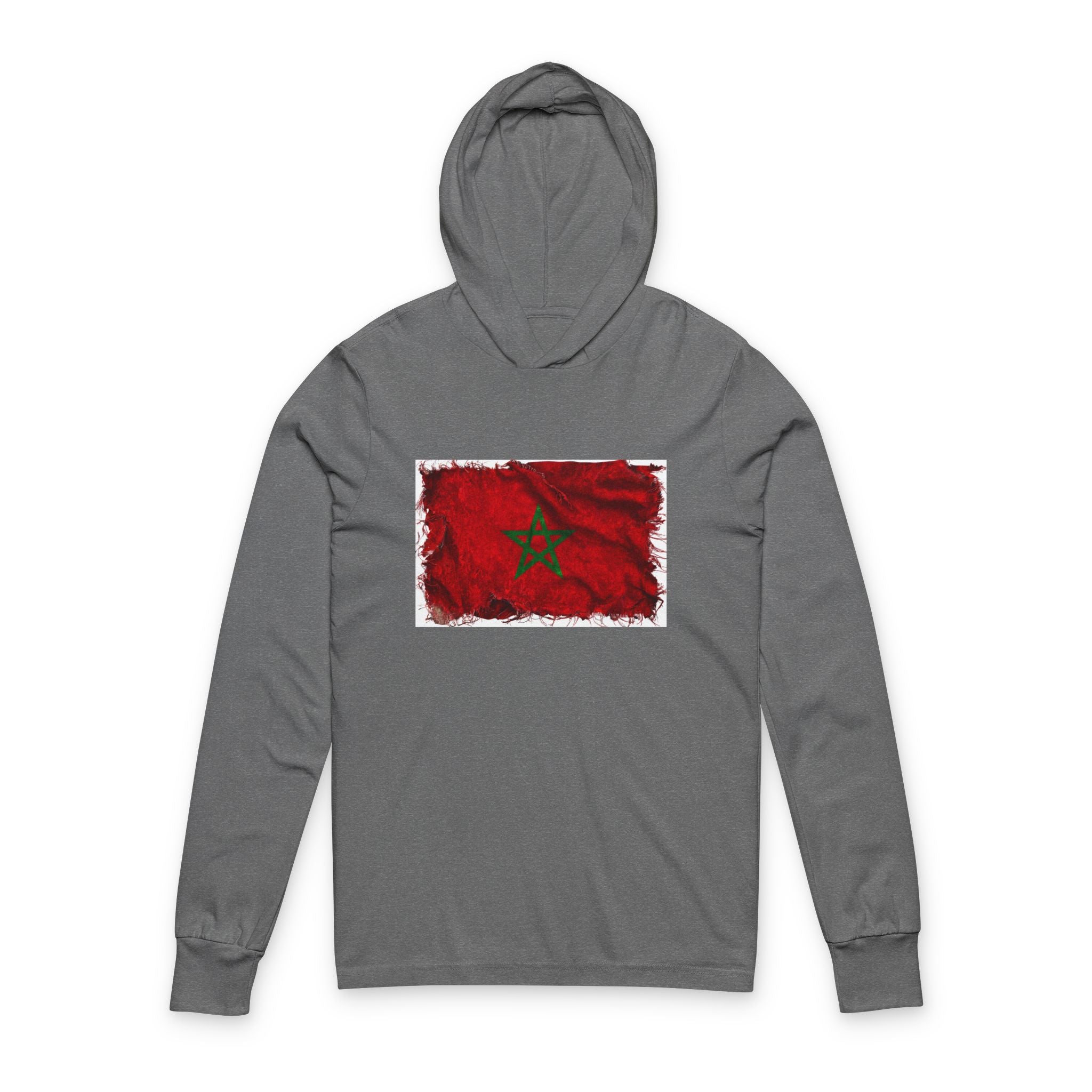 Distressed Morocco Flag Hooded Long Sleeve Tee | Morocco Graphic Sleeve Hoodie
