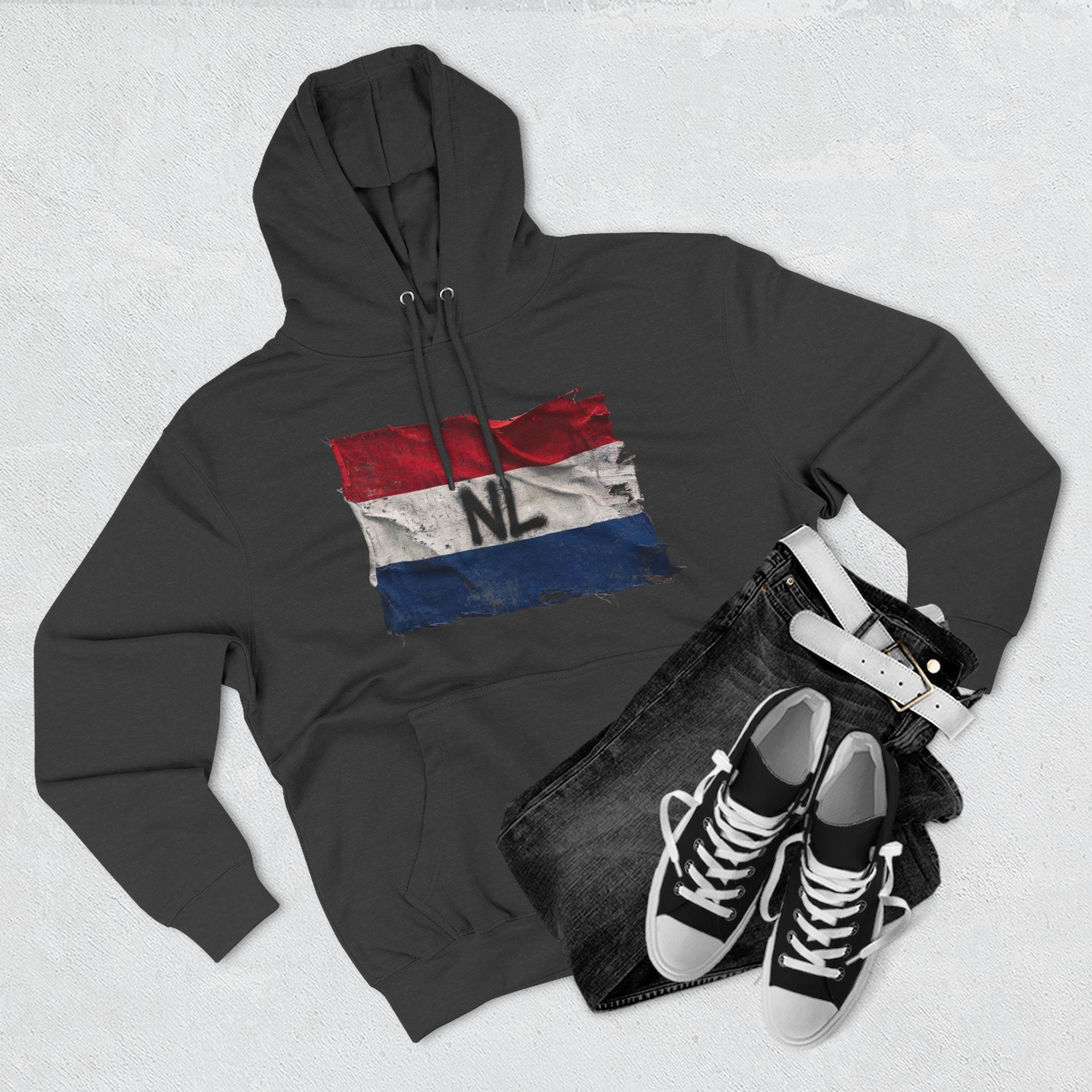 NL Flag Hoodie — Distressed Netherlands Tricolor Pullover