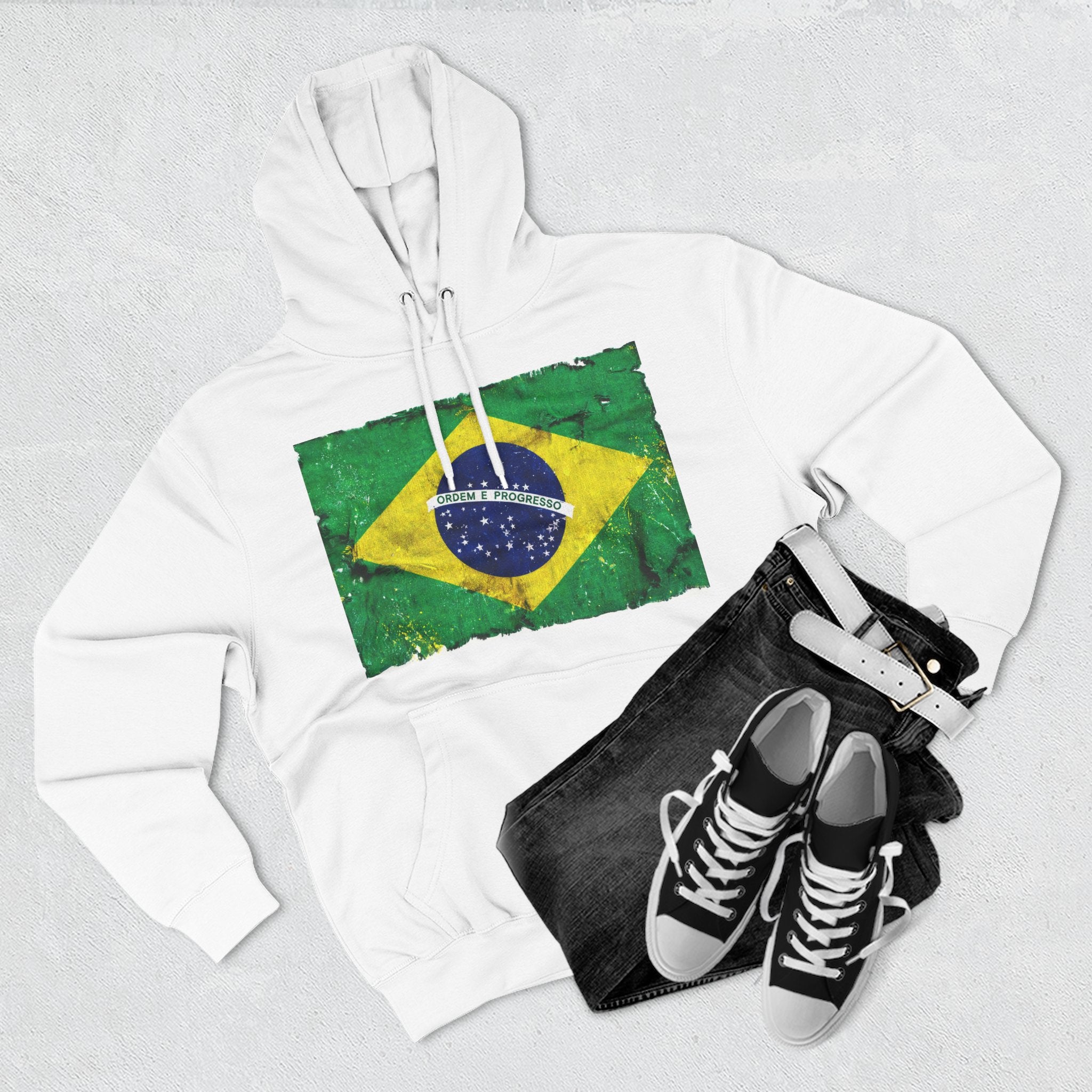 Distressed Brazil Flag Pullover Hoodie | Brazil Graphic Fleece Hoodie