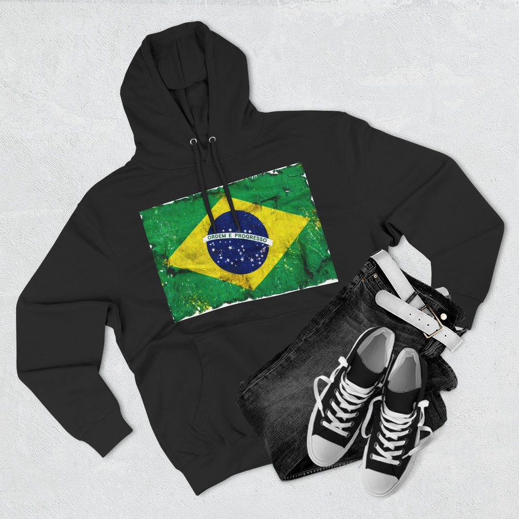 Distressed Brazil Flag Pullover Hoodie | Brazil Graphic Fleece Hoodie