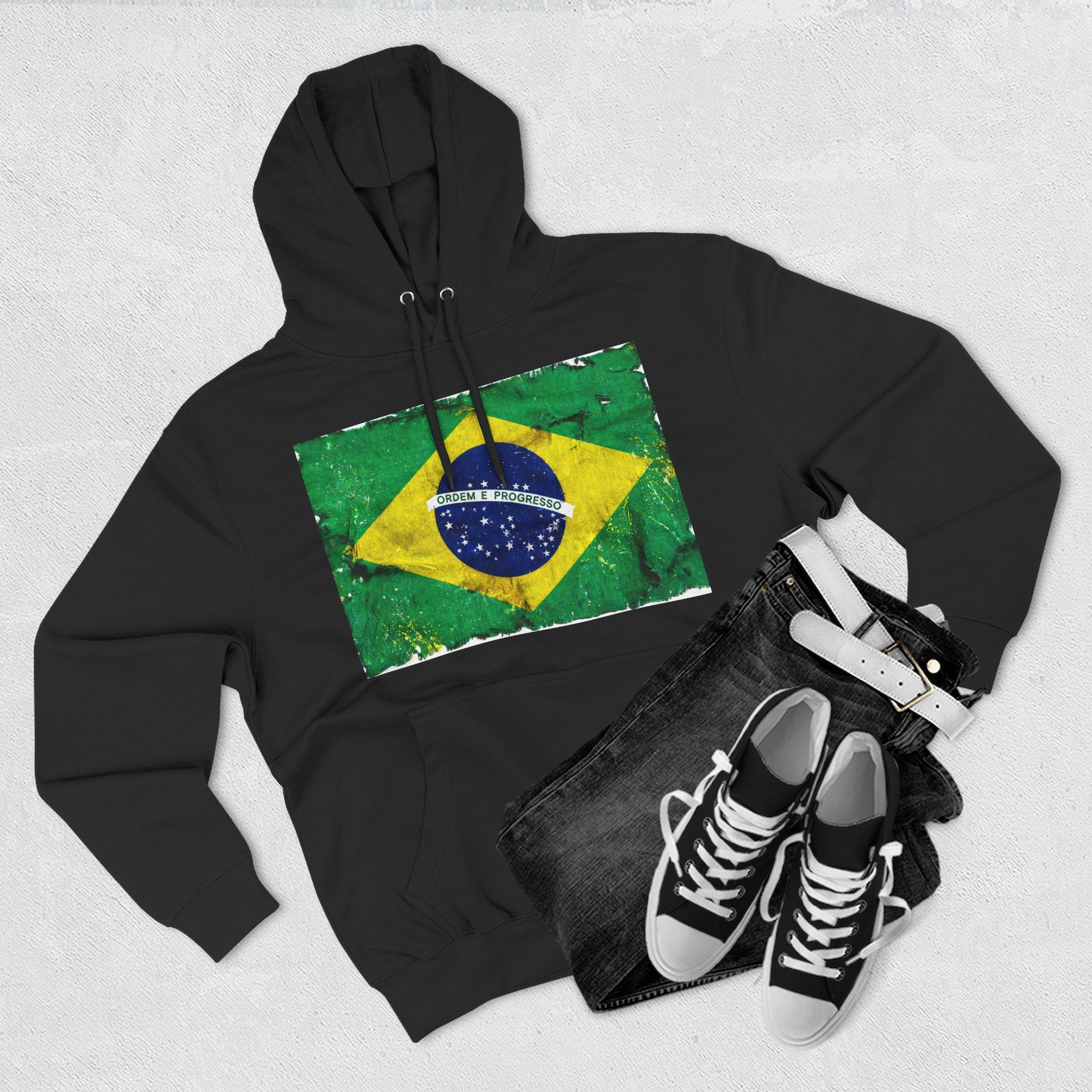 Distressed Brazil Flag Pullover Hoodie | Brazil Graphic Fleece Hoodie