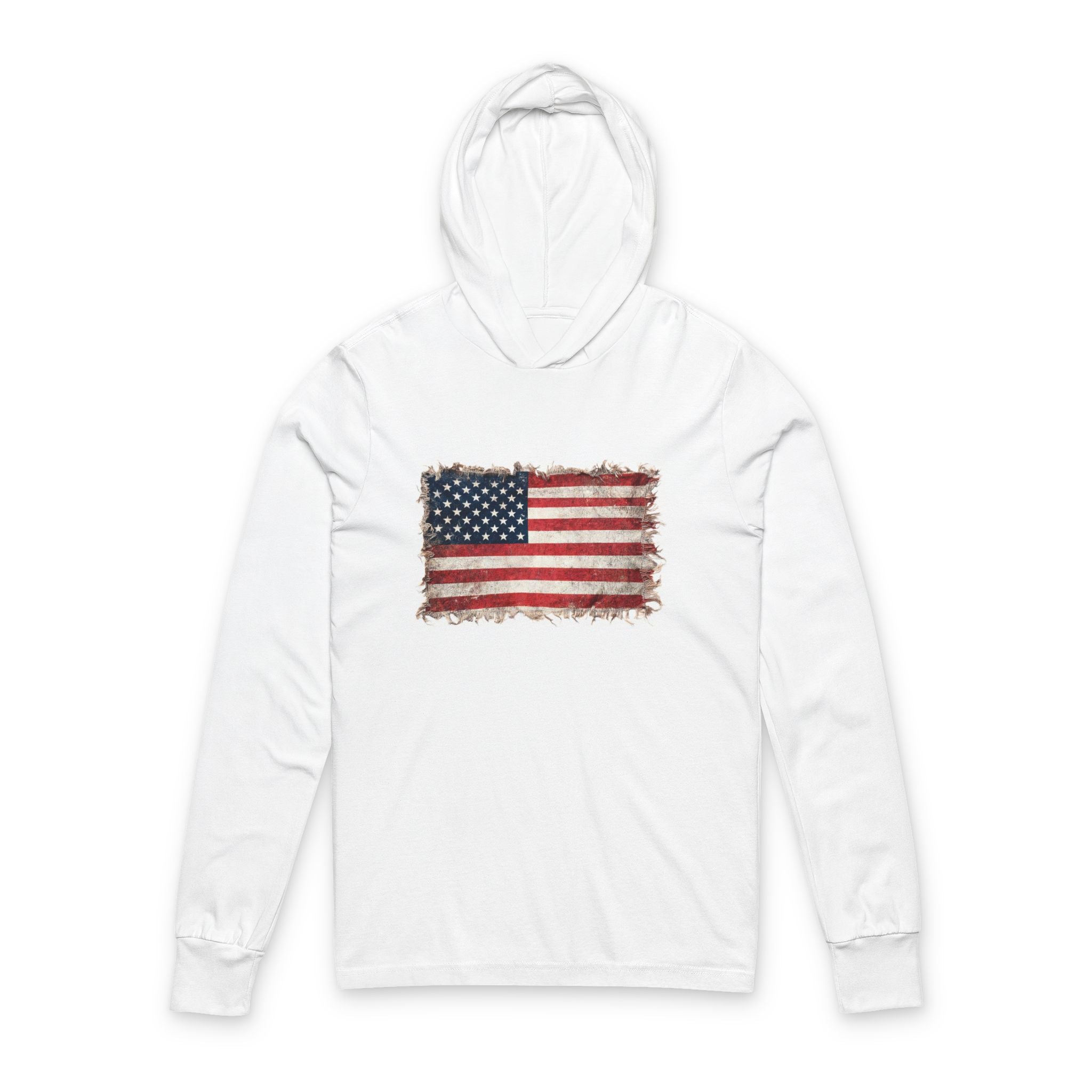 Distressed USA Flag Hooded Long Sleeve Tee | USA American Flag Sleeve Hoodie