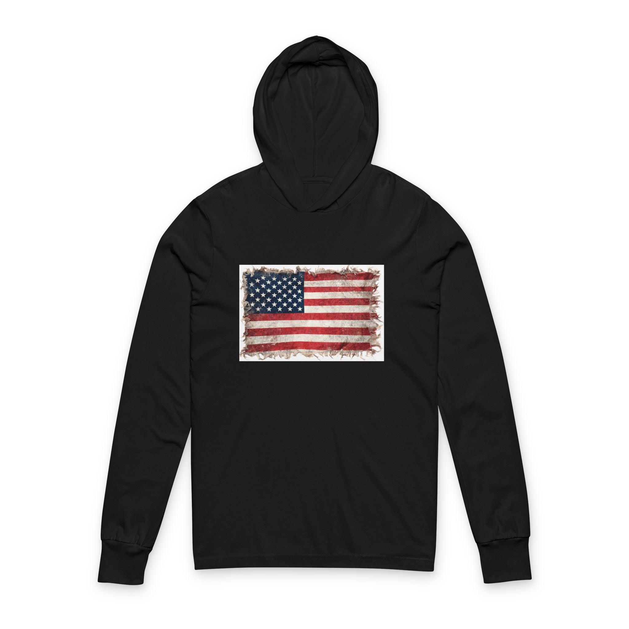 Distressed USA Flag Hooded Long Sleeve Tee | USA American Flag Sleeve Hoodie
