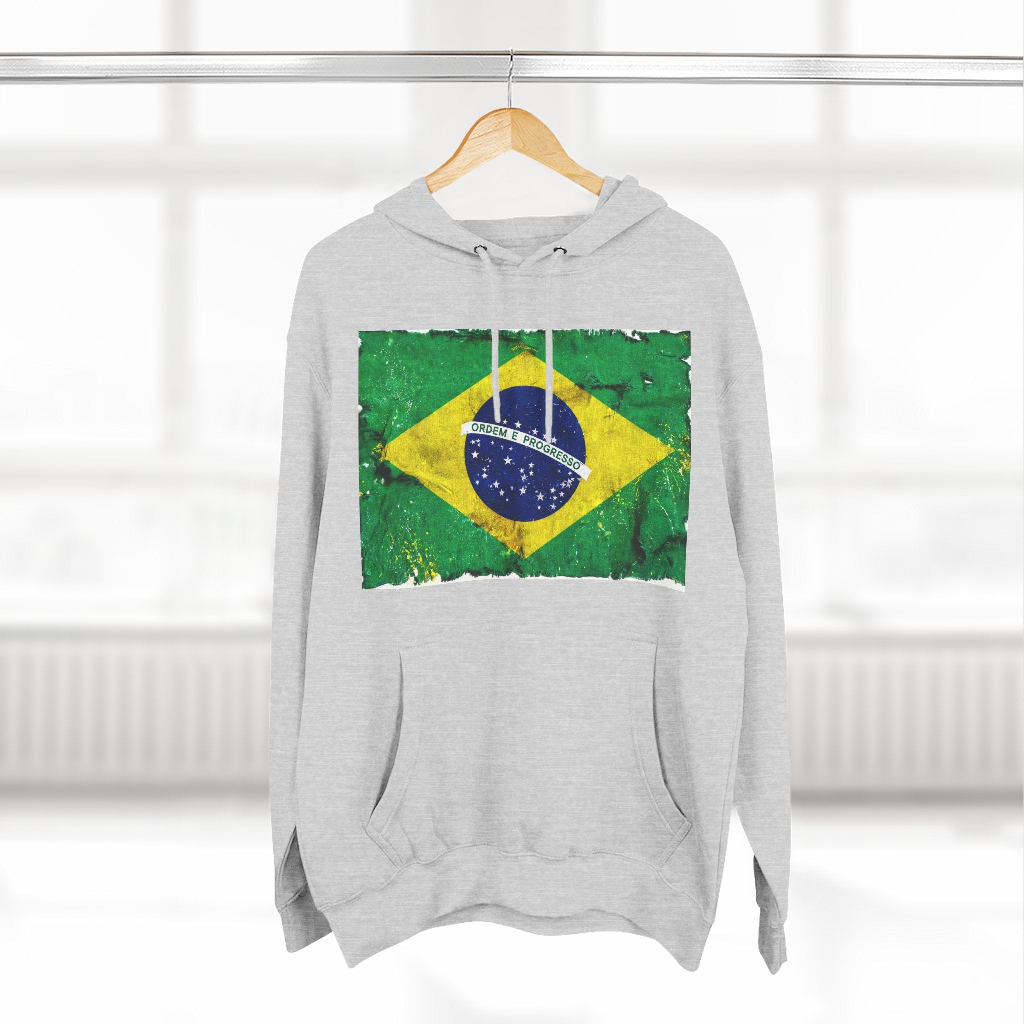 Distressed Brazil Flag Pullover Hoodie | Brazil Graphic Fleece Hoodie