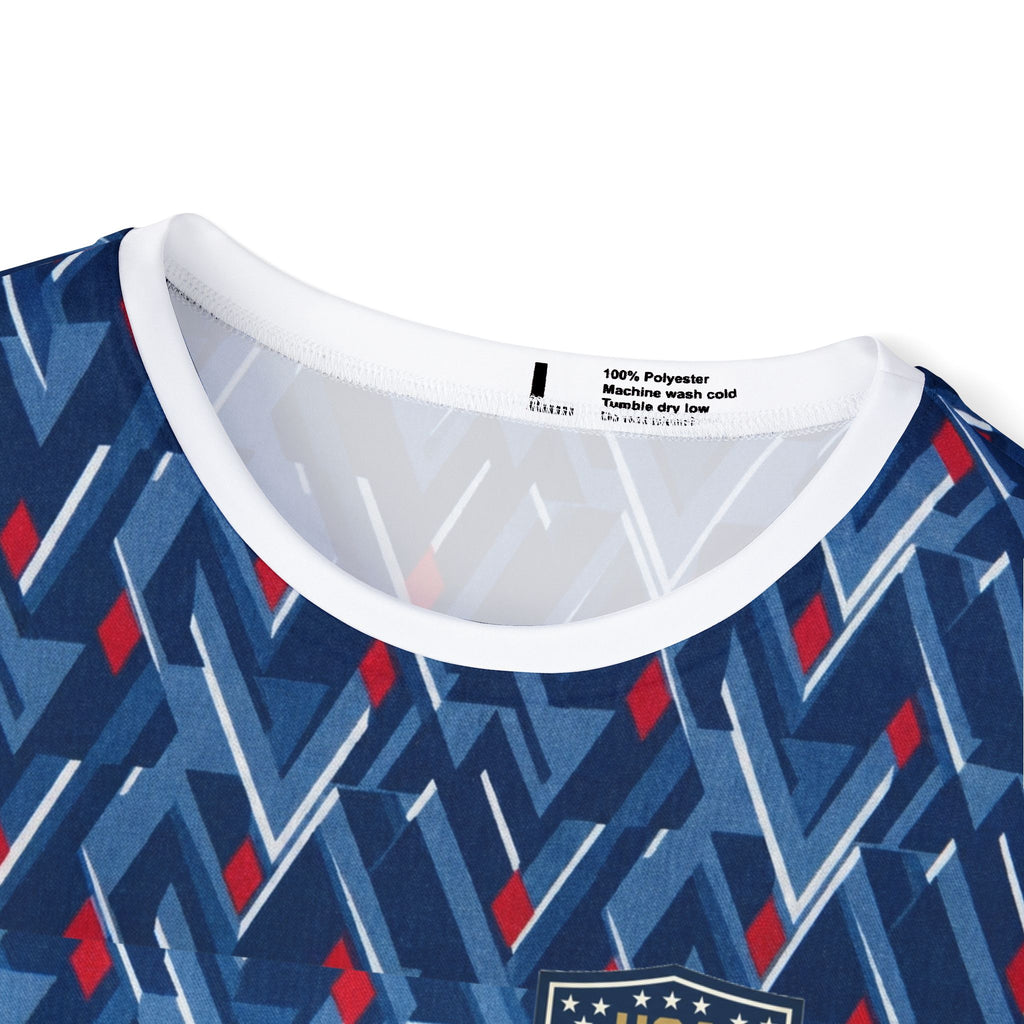 Patriotic Shield Crest Men's Sports Jersey | Blue Geometric All-Over Print