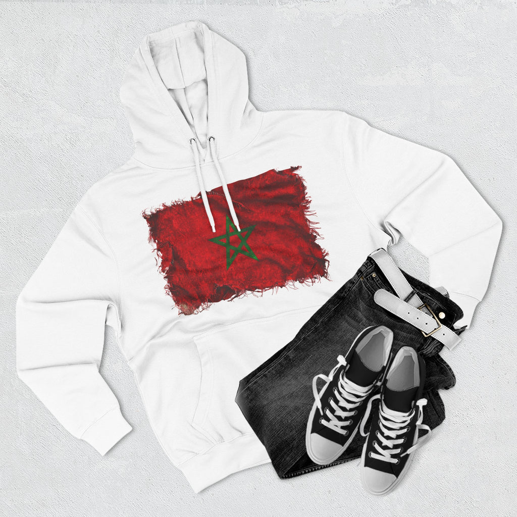 Distressed Morocco Flag Pullover Hoodie | Morocco Graphic Fleece Hoodie