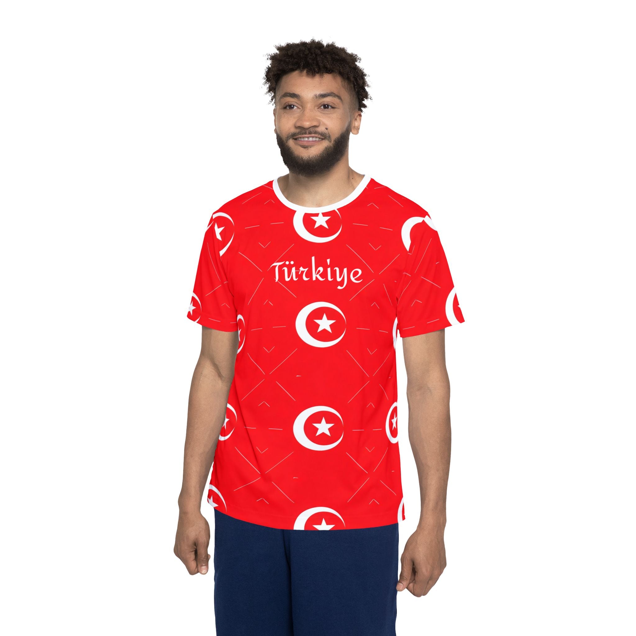 Red Crescent Star Pattern Jersey | All-Over Print Sports Shirt