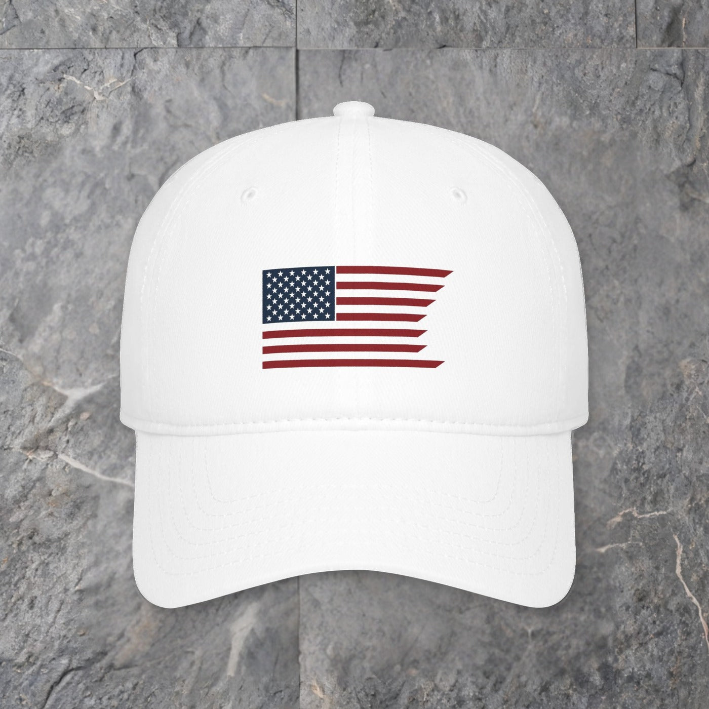 embroidered waving american flag cap low profile baseball hat — slate background