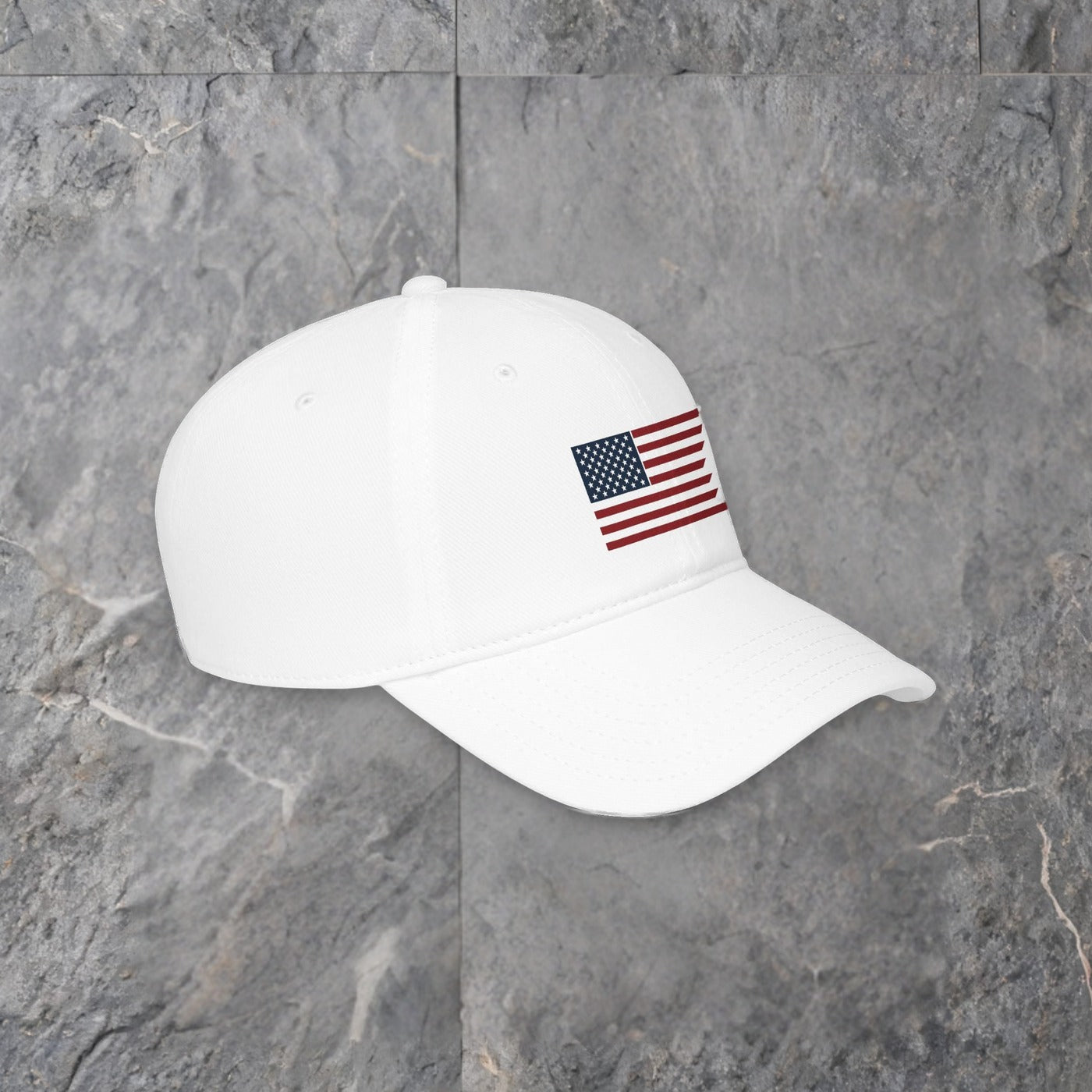 embroidered waving american flag cap low profile baseball hat — slate background