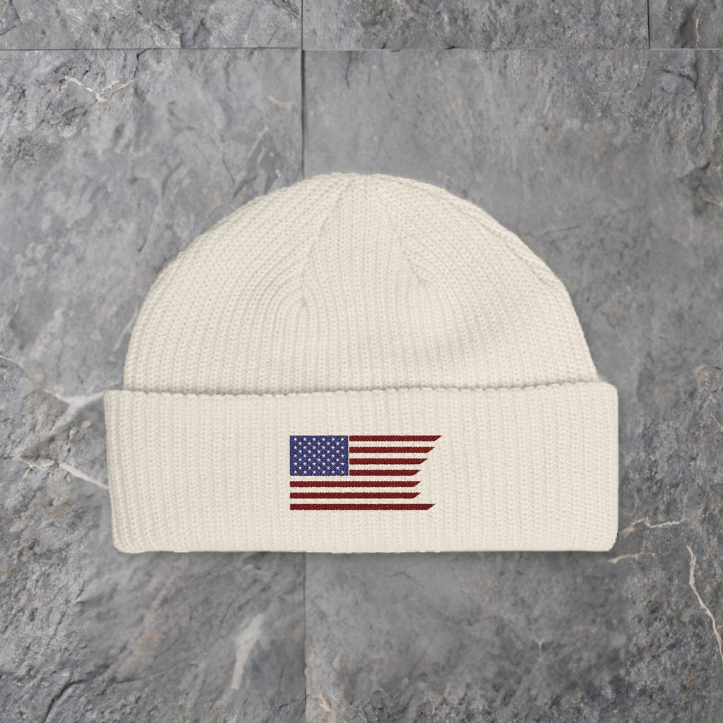 embroidered wavy american flag cuff beanie — slate background