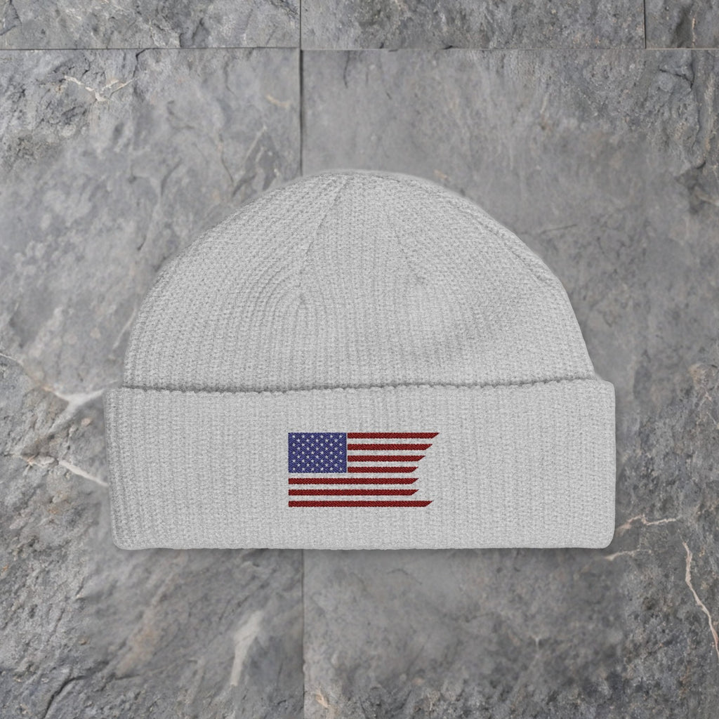 embroidered wavy american flag cuff beanie — slate background