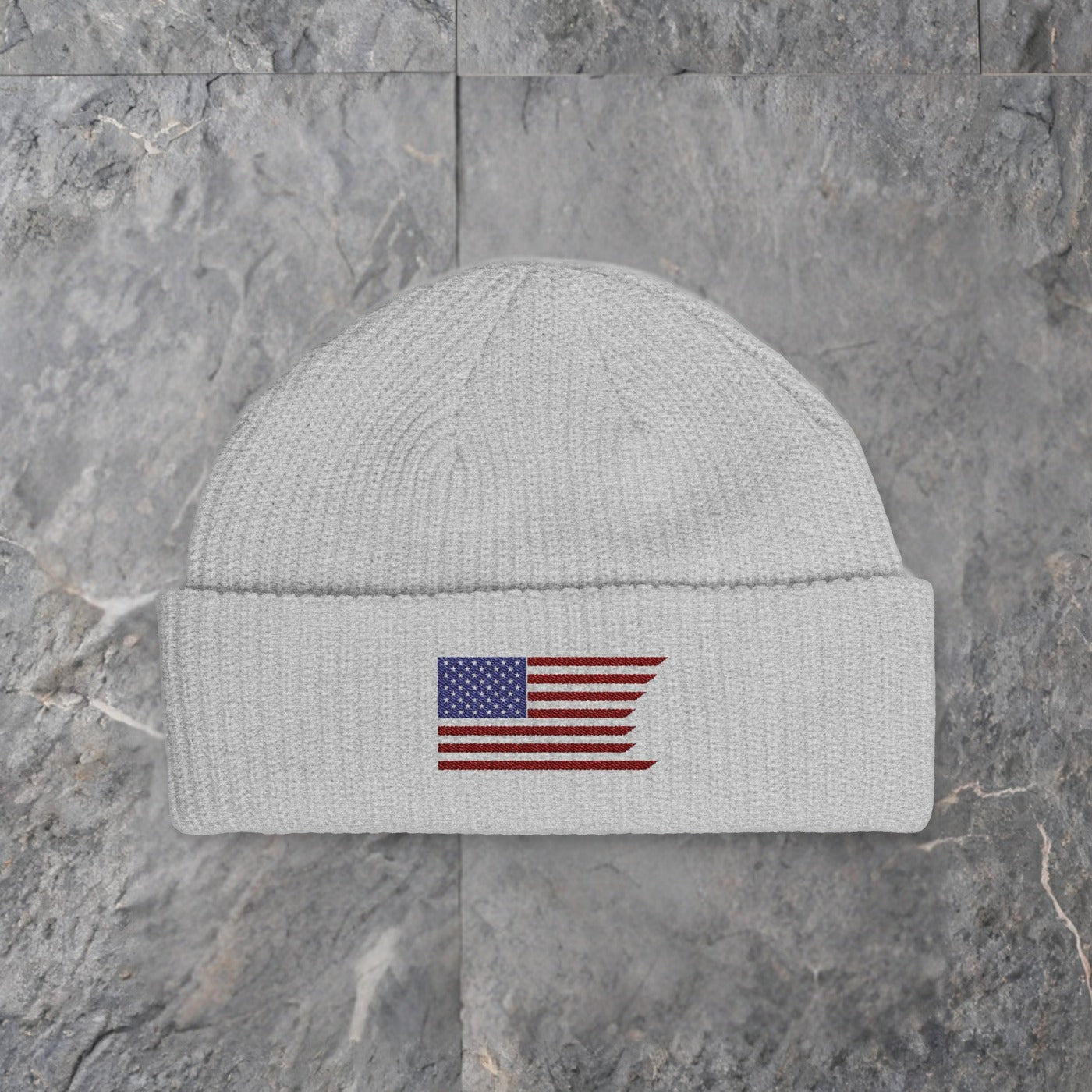 embroidered wavy american flag cuff beanie — slate background