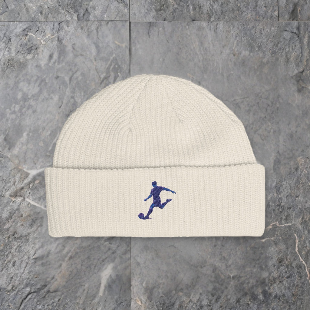 soccer silhouette cuff beanie embroidered knit hat — slate background