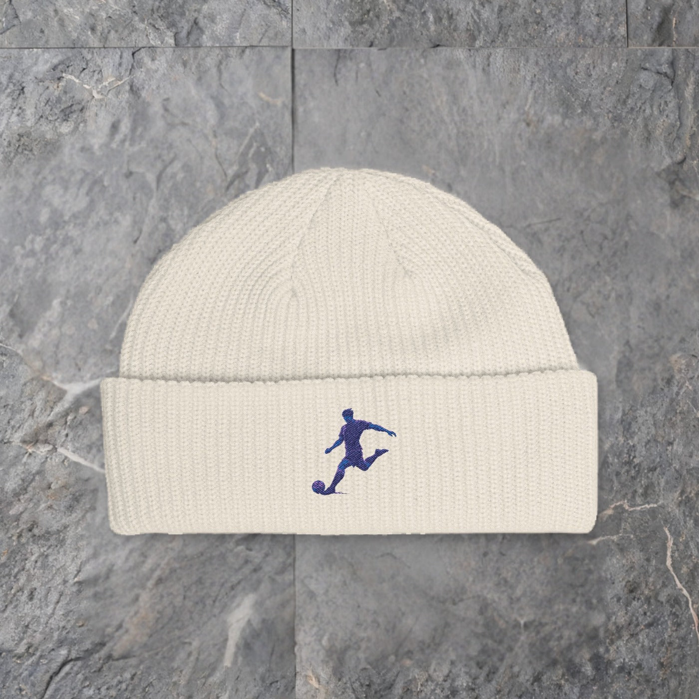 soccer silhouette cuff beanie embroidered knit hat — slate background