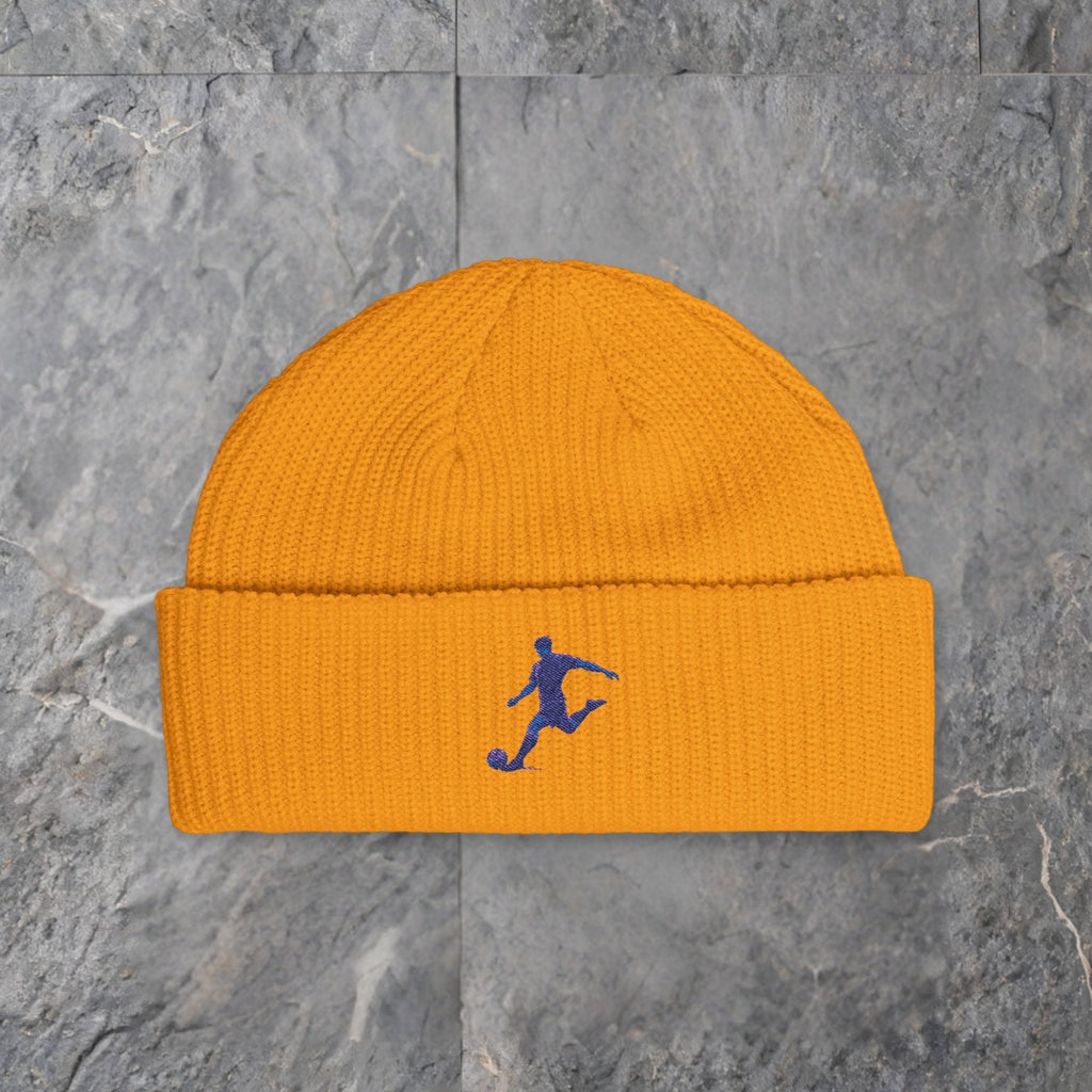 soccer silhouette cuff beanie embroidered knit hat — slate background