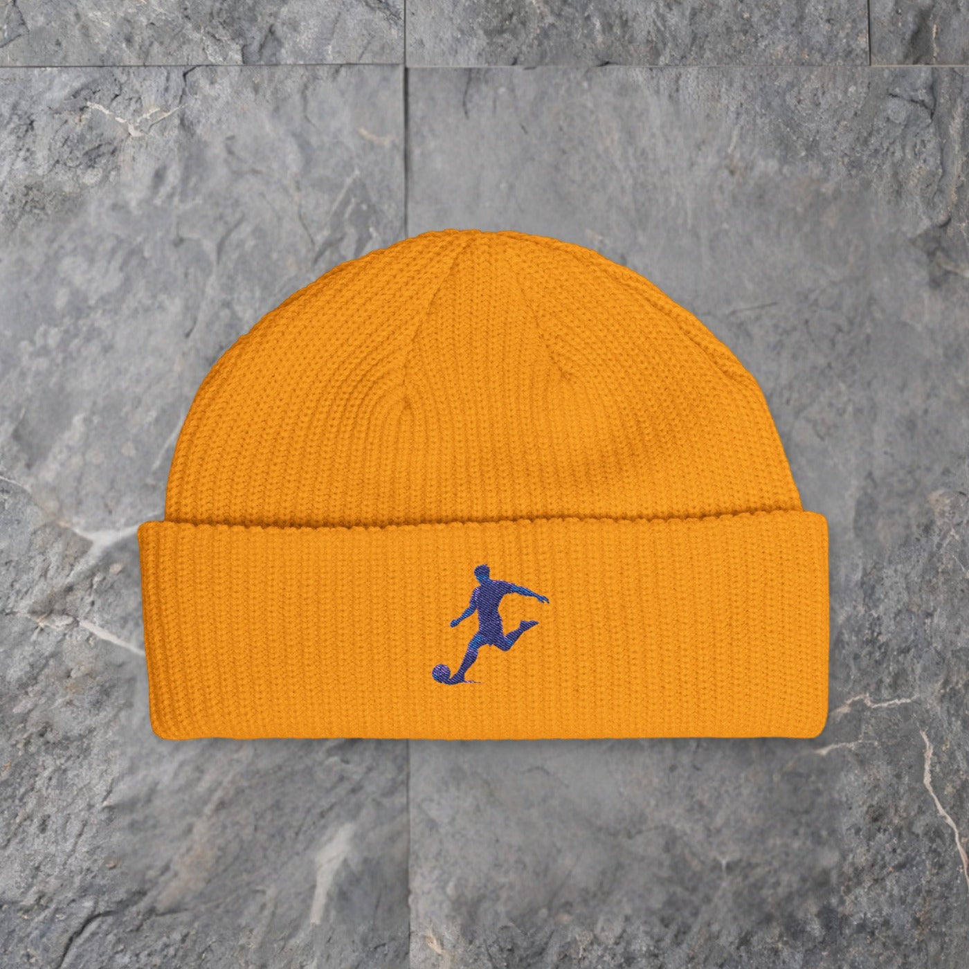 soccer silhouette cuff beanie embroidered knit hat — slate background