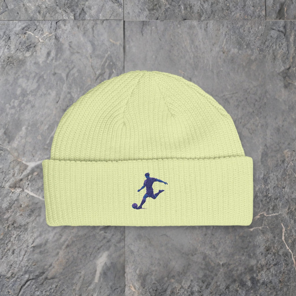 soccer silhouette cuff beanie embroidered knit hat — slate background
