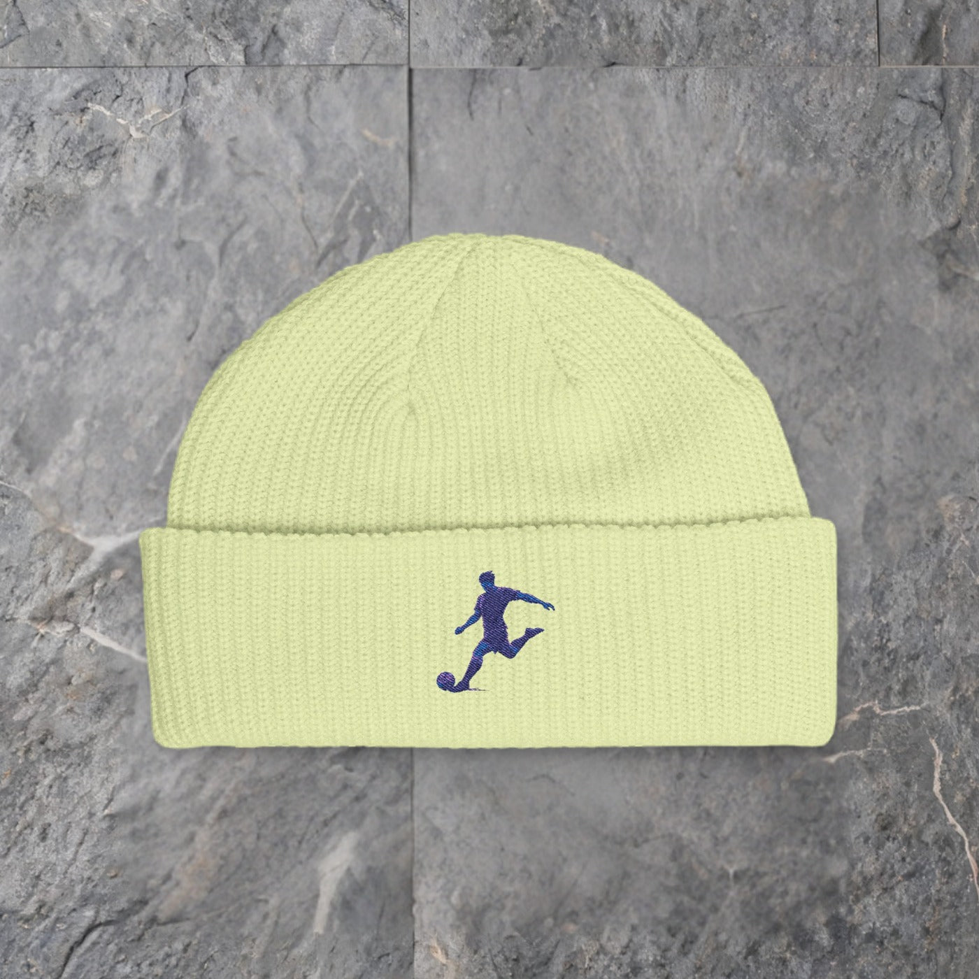 soccer silhouette cuff beanie embroidered knit hat — slate background