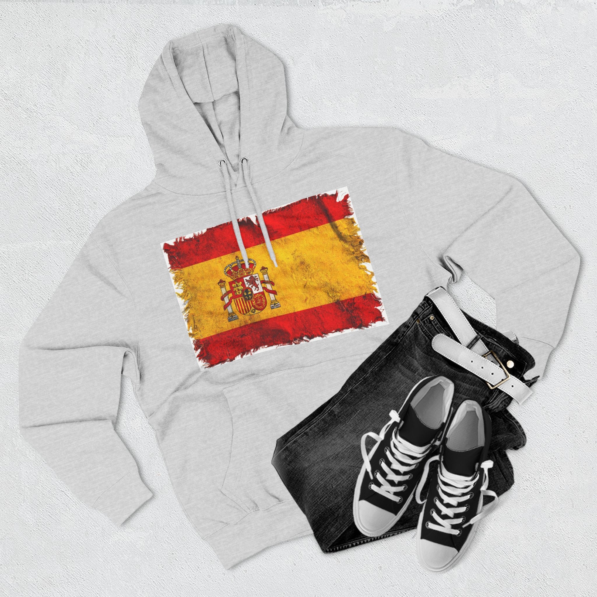 Distressed Spain Flag Pullover Hoodie | Spain Graphic Fleece Hoodie