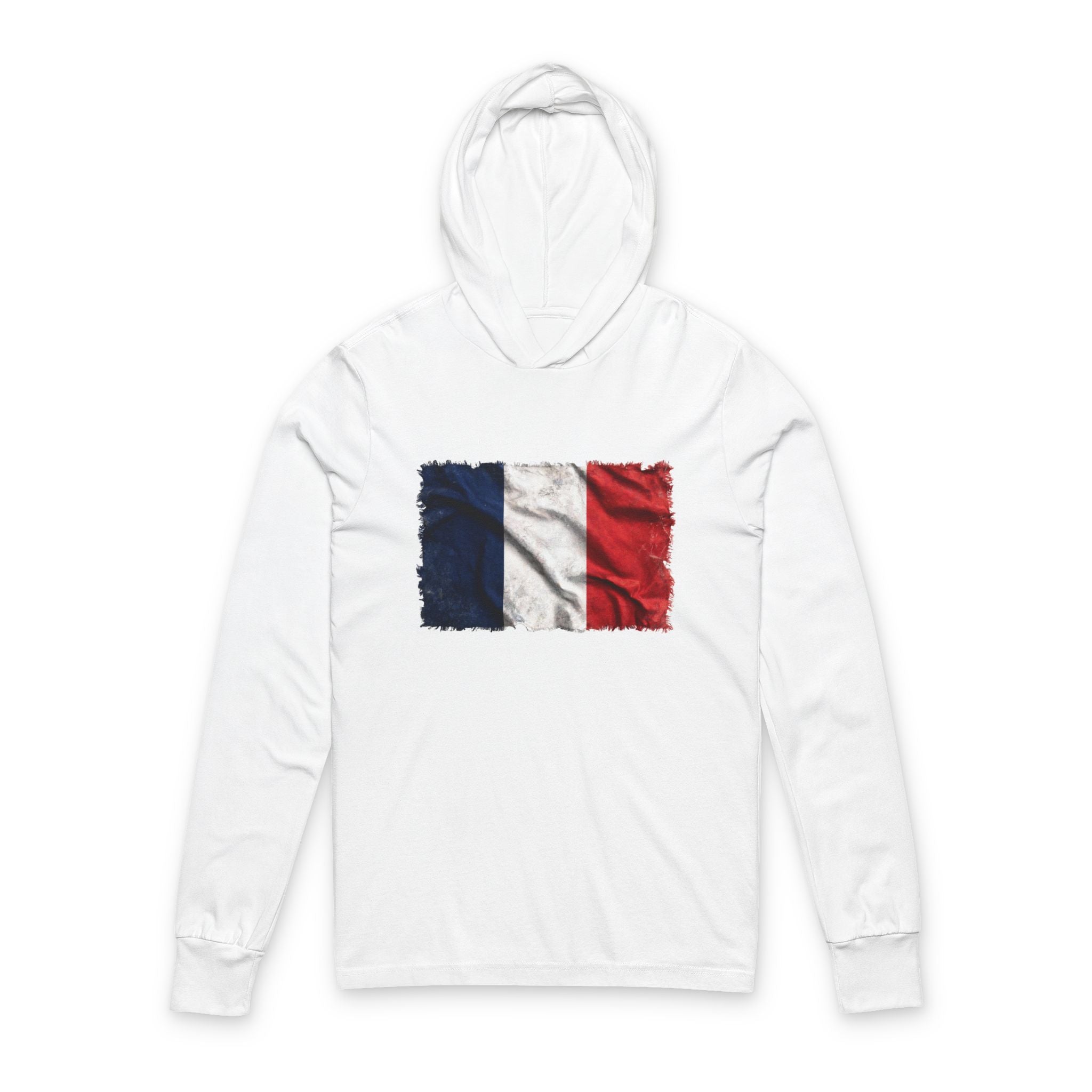 Distressed French Flag Hooded Long Sleeve Tee | France Tricolor Sleeve Hoodie