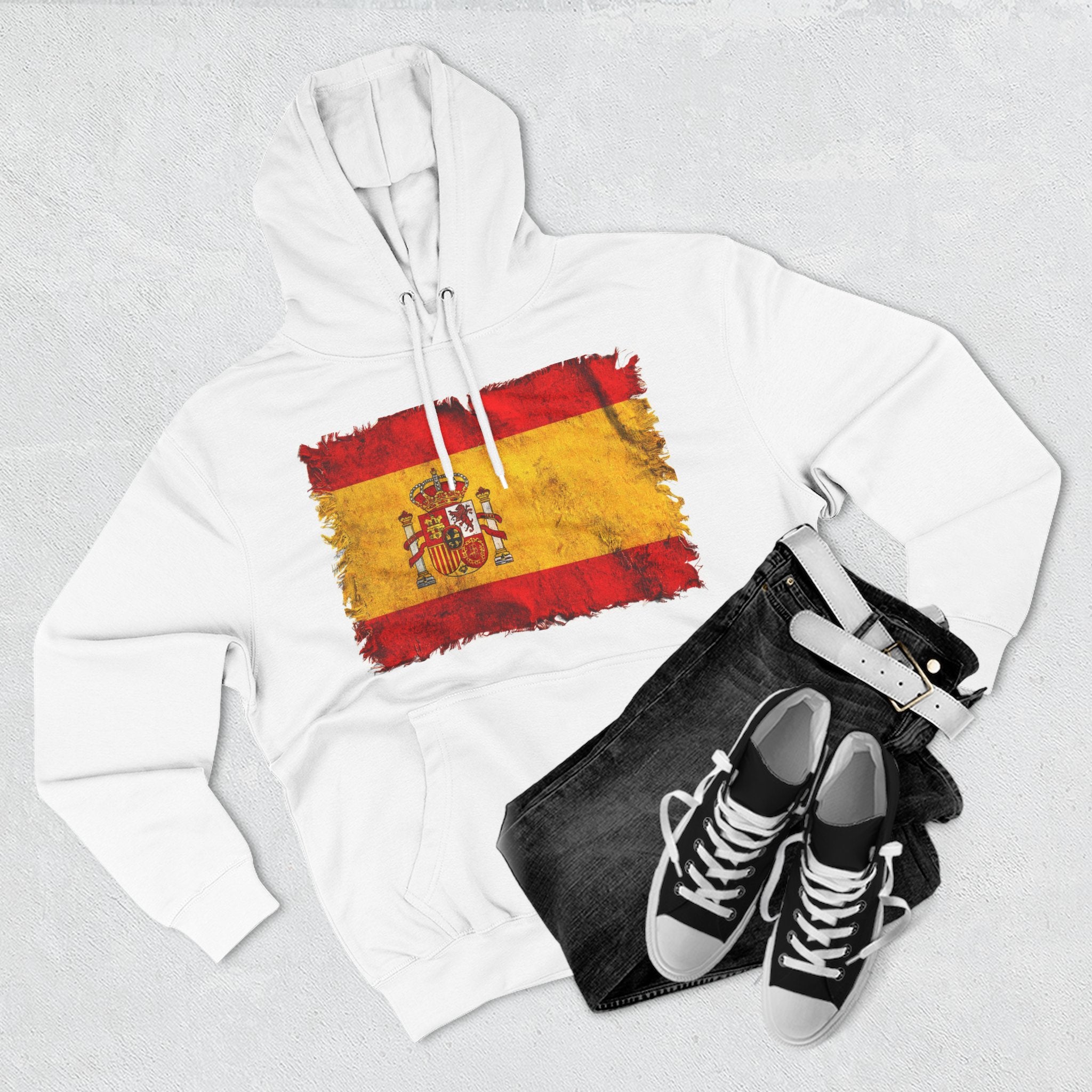 Distressed Spain Flag Pullover Hoodie | Spain Graphic Fleece Hoodie