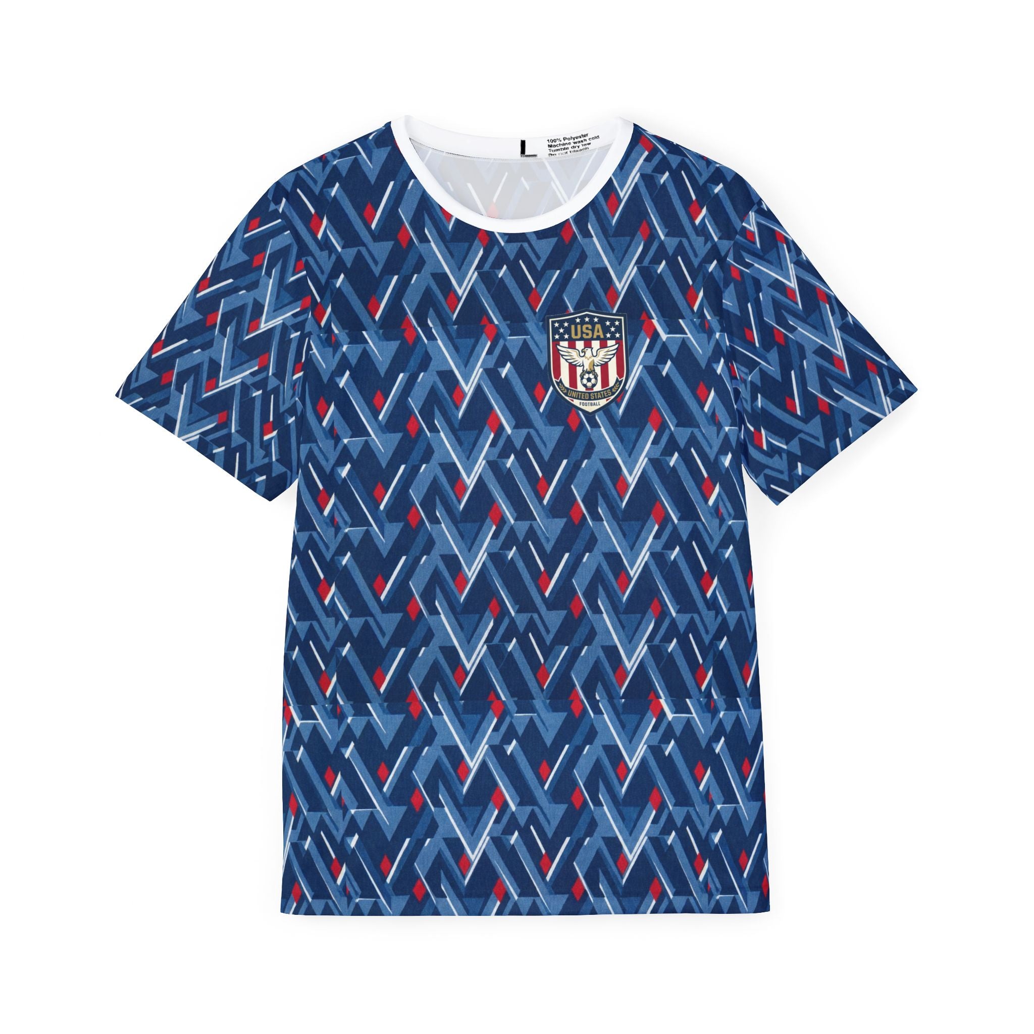 Patriotic Shield Crest Men's Sports Jersey | Blue Geometric All-Over Print